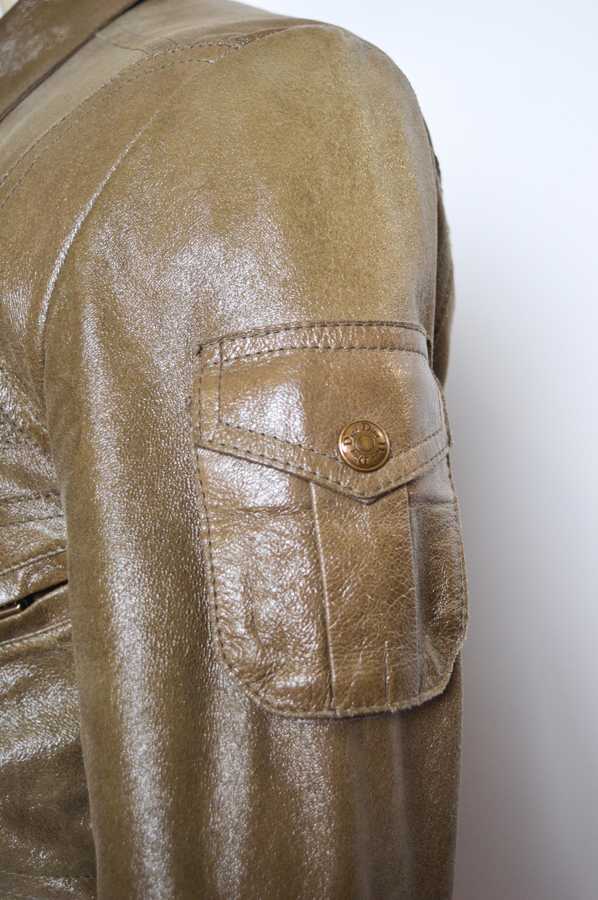 FW 2002 Christian Dior Y2k Galliano Admit it Green Khaki Lace up Leather Jacket For Sale 11