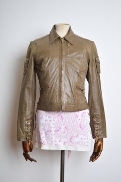 S/S 2003 Christian Dior Y2k Galliano Admit it Green Khaki Lace up Leather Jacket