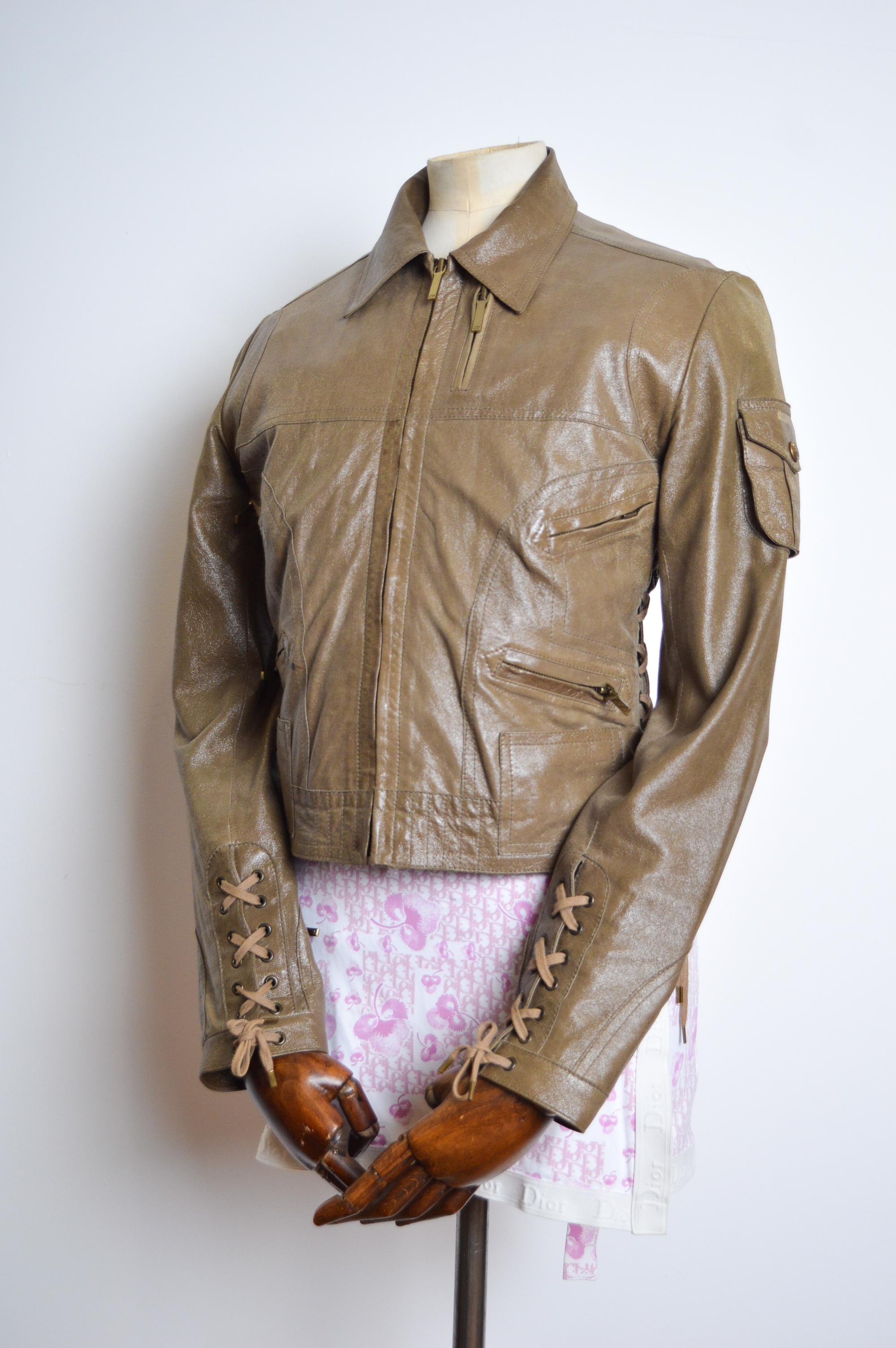 FW 2002 Christian Dior Y2k Galliano Admit it Green Khaki Lace up Leather Jacket For Sale 1
