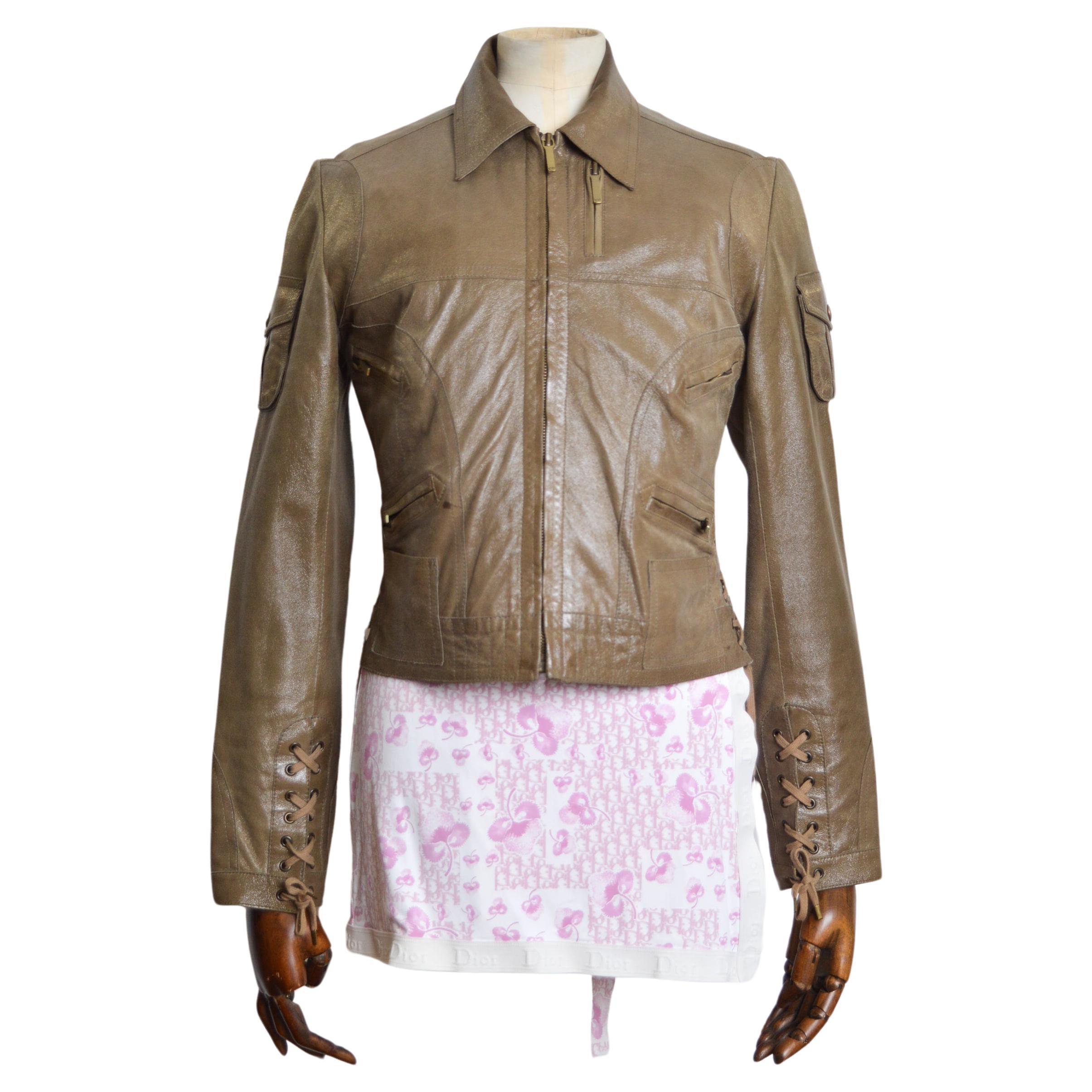 FW 2002 Christian Dior Y2k Galliano Admit it Green Khaki Lace up Leather Jacket For Sale