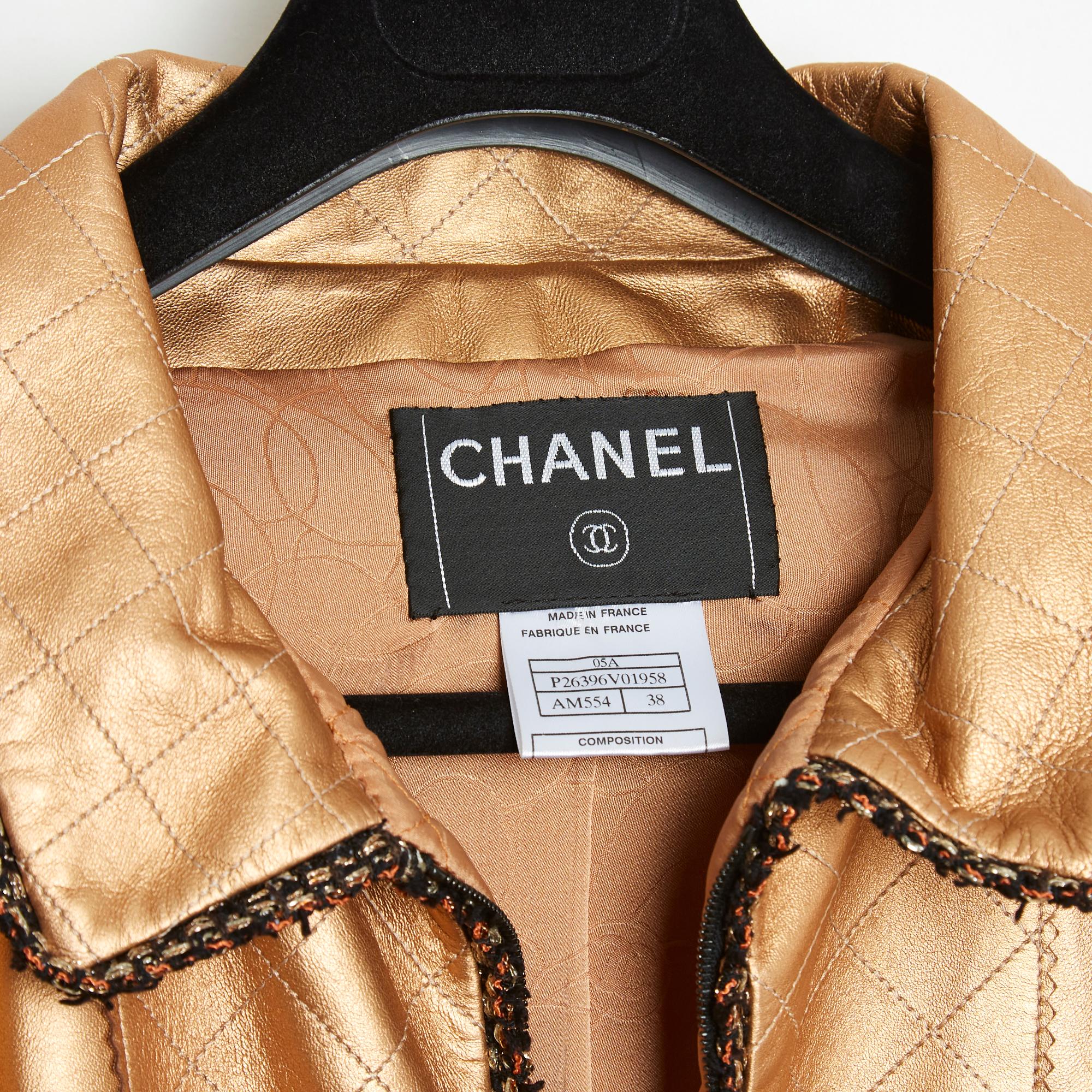 FW 2005 Chanel Veste Or FR38  Gold Leather Tweed Jacket UK10 US8 For Sale 2
