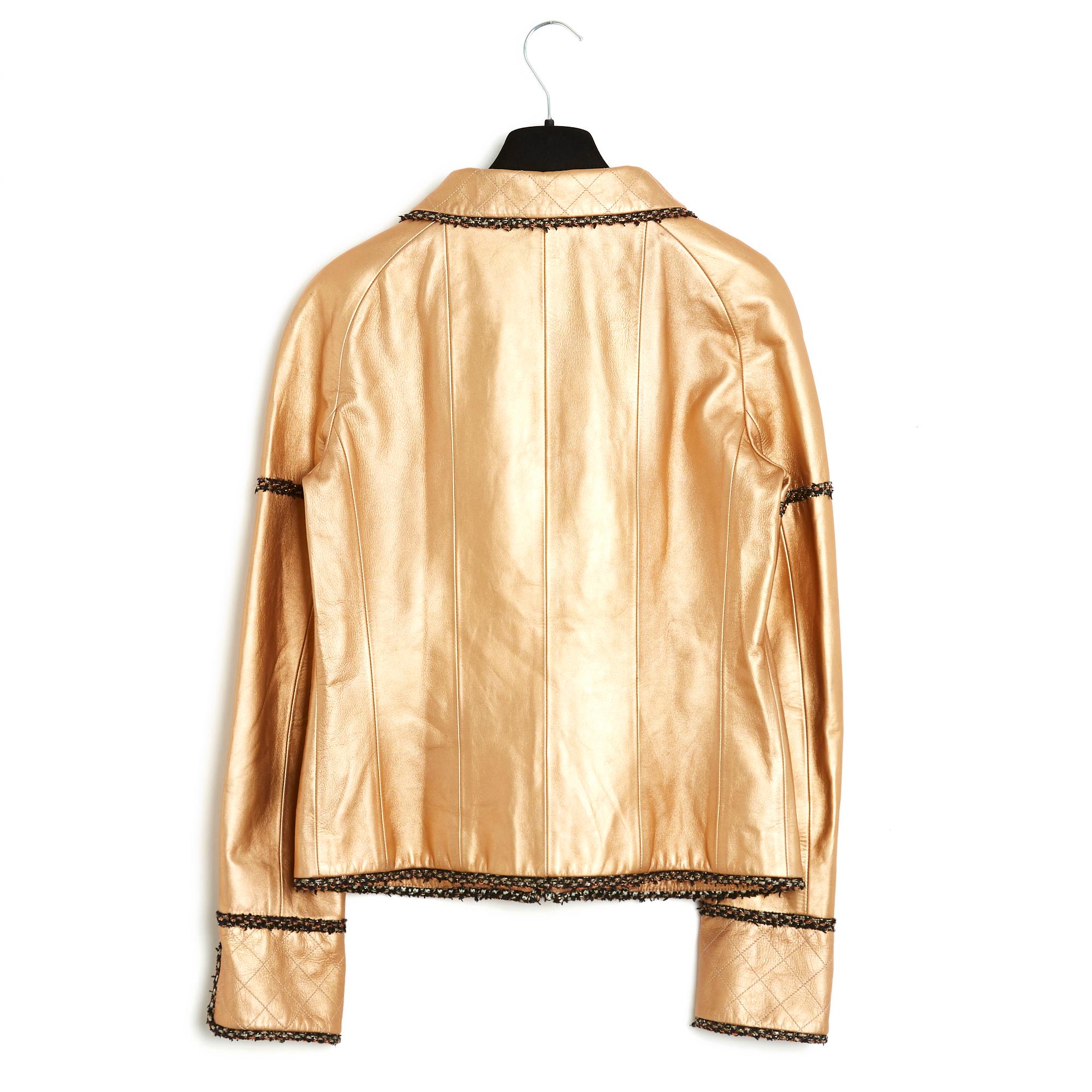 FW 2005 Chanel Veste Or FR38  Gold Leather Tweed Jacket UK10 US8 For Sale 3