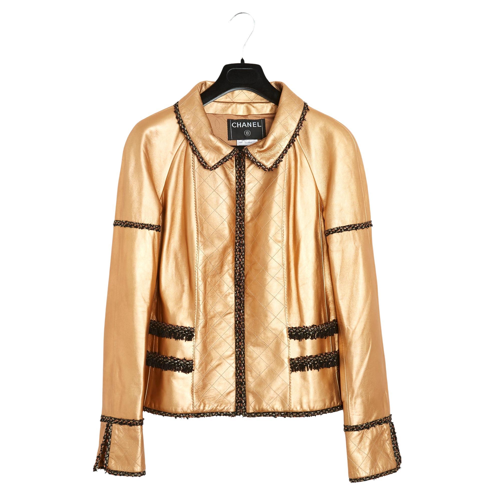 FW 2005 Chanel Veste Or FR38  Gold Leather Tweed Jacket UK10 US8 For Sale