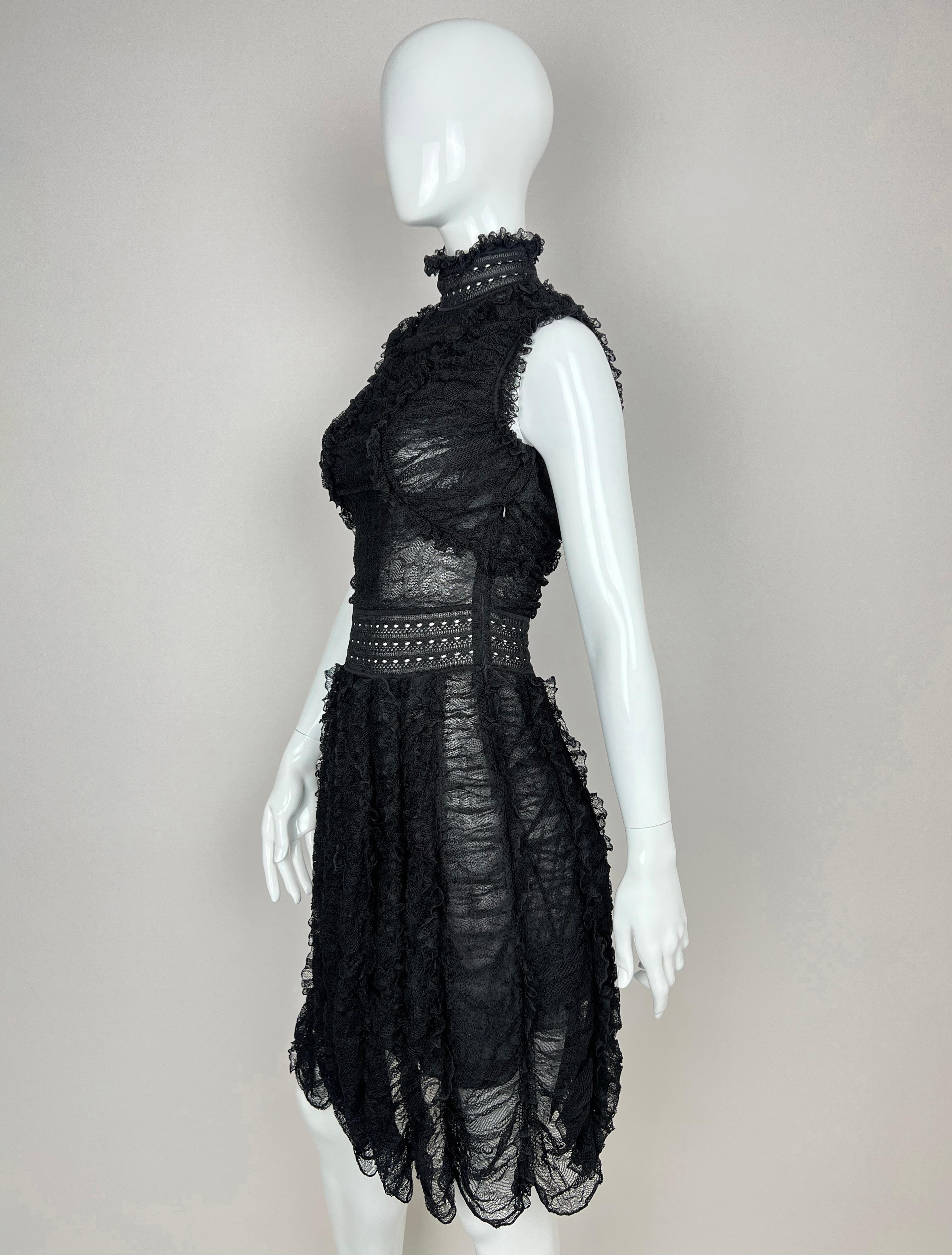 Black FW 2015 Alexander McQueen Ruffled silk-blend lace Victorian style dress For Sale