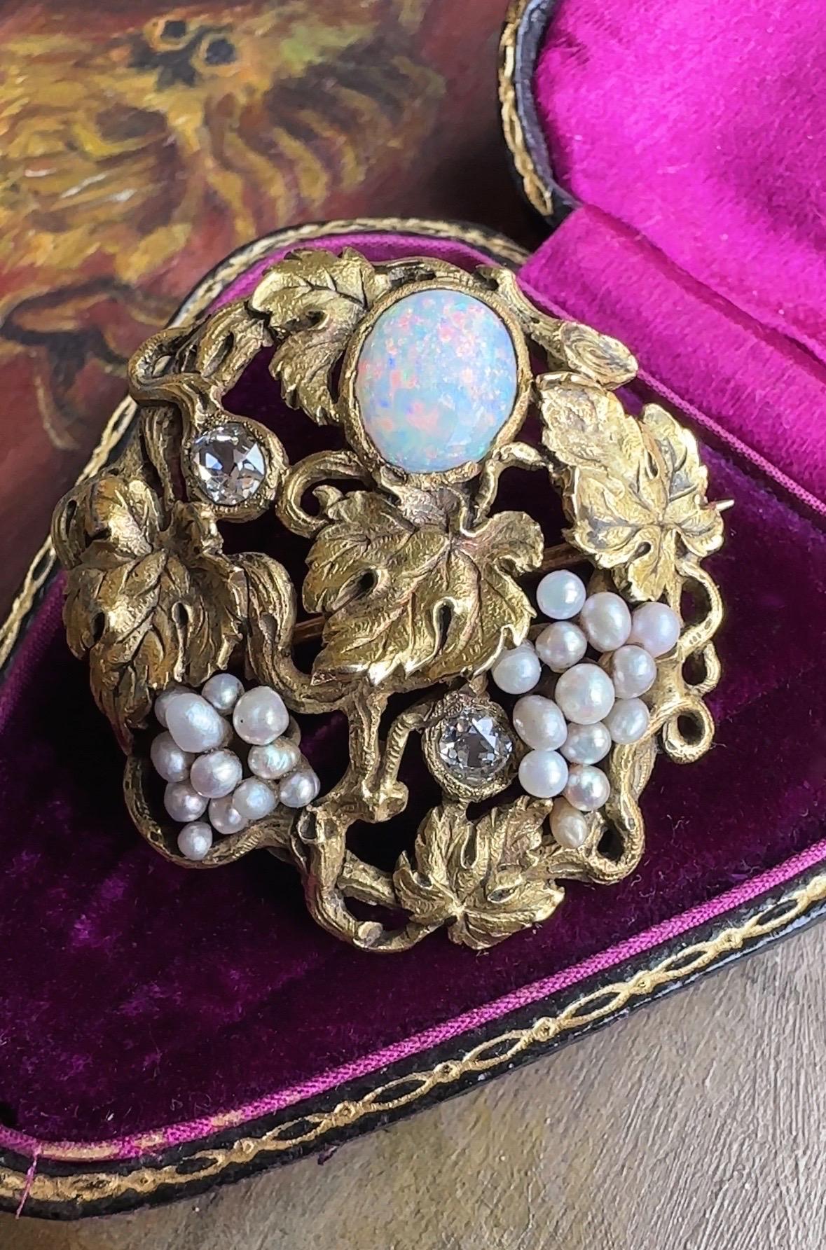 F.W. Lawrence Arts & Crafts Opal, Diamond and Pearl Grapes Brooch For Sale