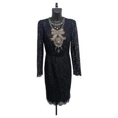 FW12 Dolce & Gabbana Black Lace Midi Dress with Crystal Bow Embroidery – Size 46