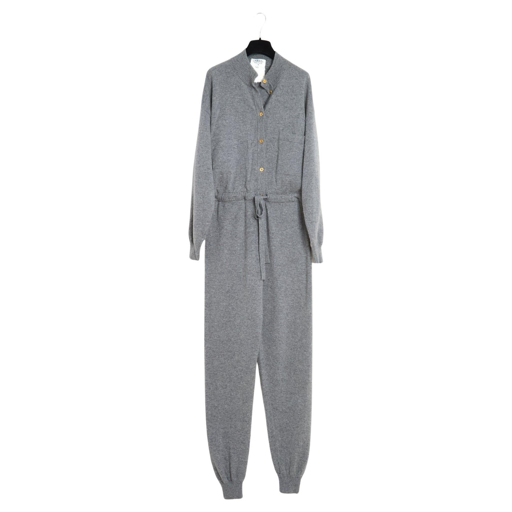 FW1991 Chanel Iconic Grey Cashmere Jumpsuit FR38/40 Pristine For Sale