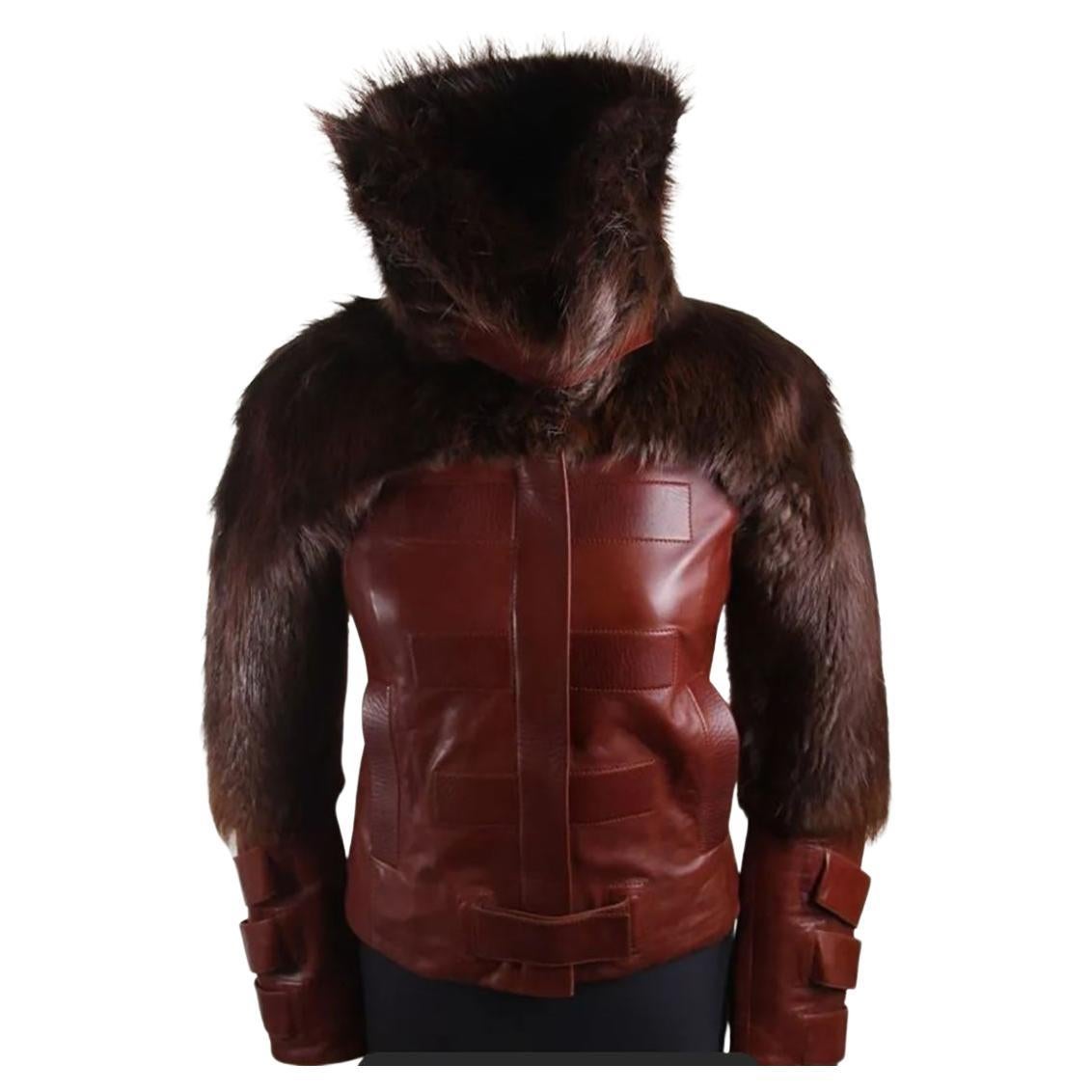 FW2003 GUCCI TOM FORD ERA BROWN LEATHER JACKET with FUR Sz IT 40