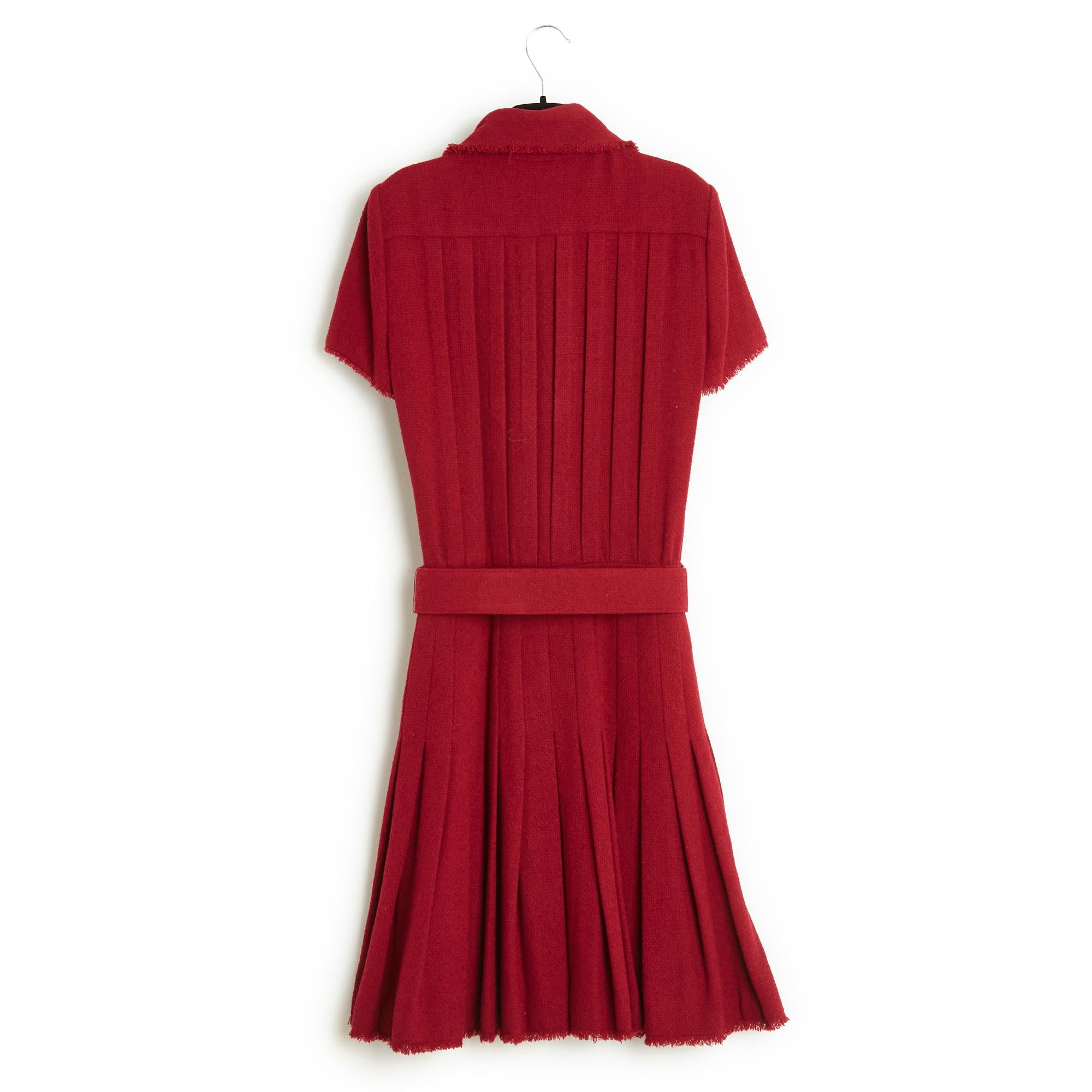 FW2007 Chanel Red Bouclette Wool Dress FR36 Belt Brooch 4