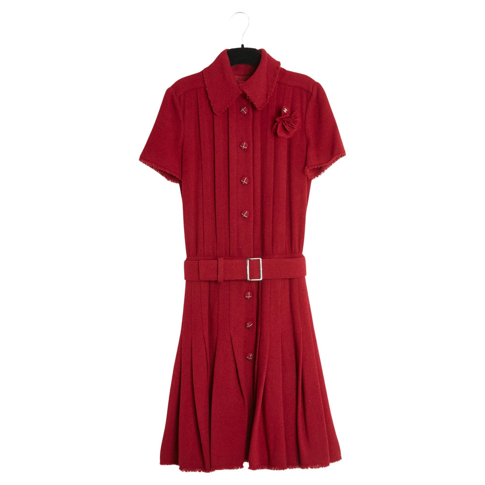 FW2007 Chanel Red Bouclette Wool Dress FR36 Belt Brooch