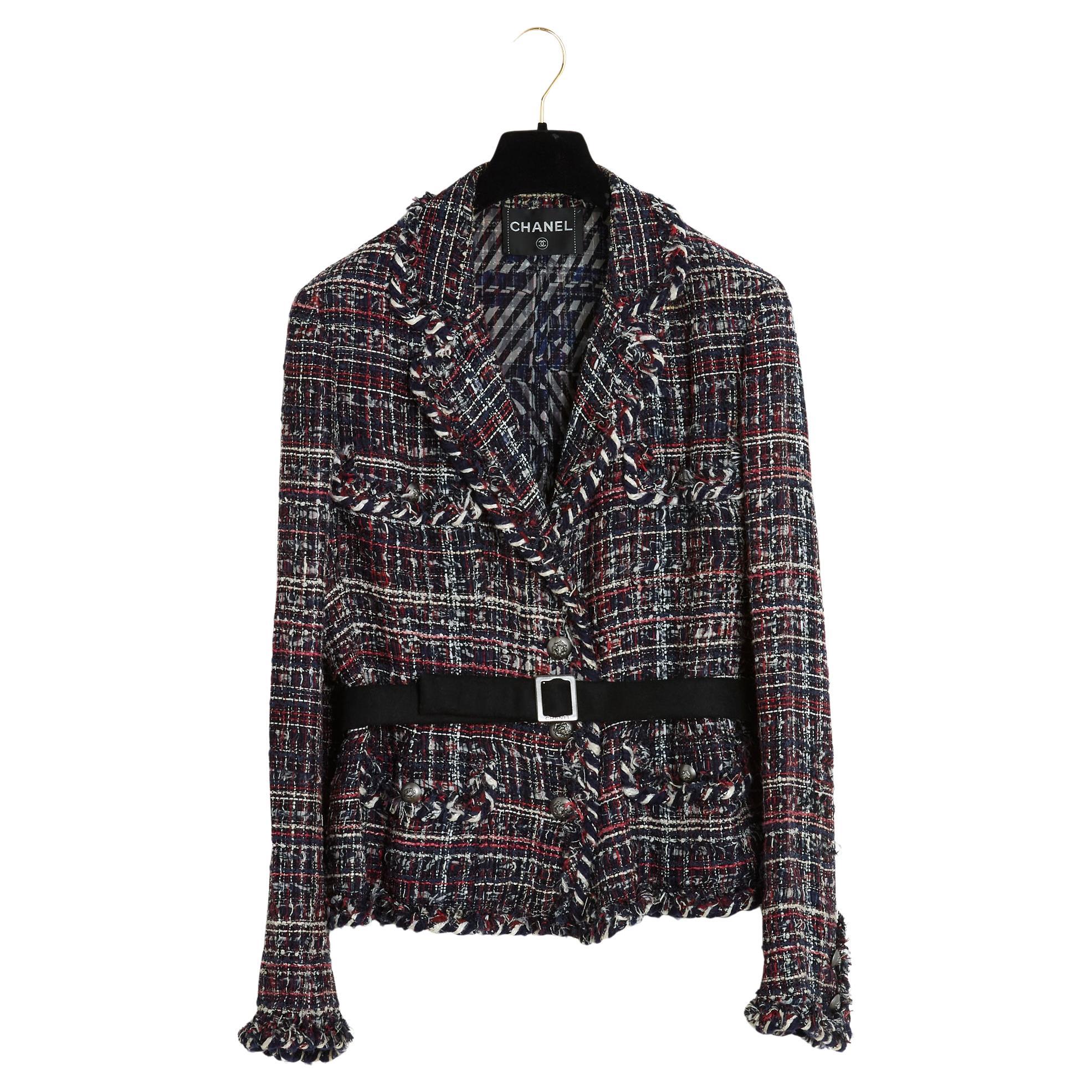 FW2008 Chanel Tricolor Tweed Jacket US10 Blue Red White For Sale