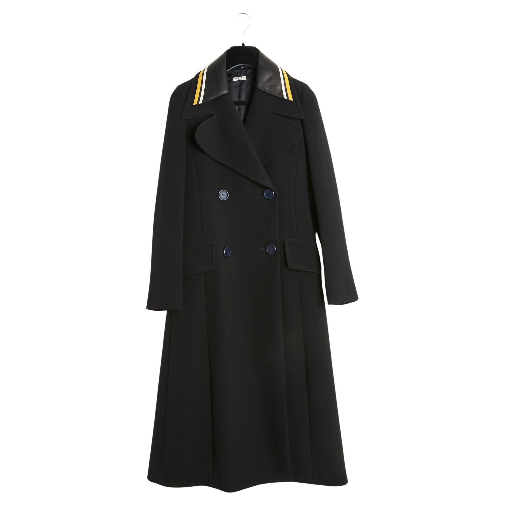 FW2015 Miu Miu Black Wool Maxi Coat and leather collar
