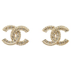 Chanel Silver CC All Over Crystal Piercing Earrings