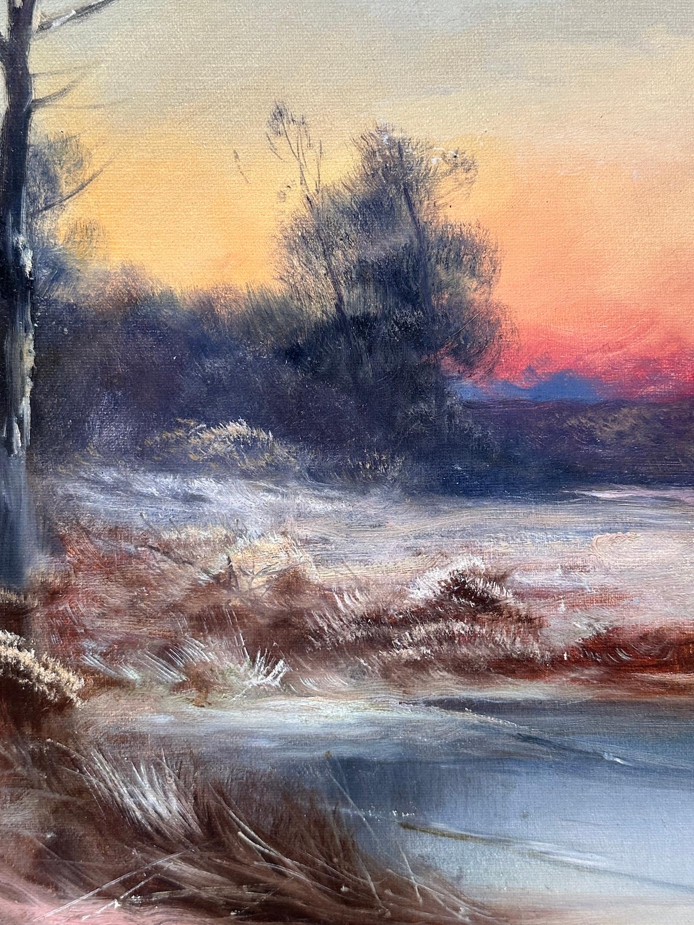 19th century English Winter landscape with show and setting Sun For Sale 8