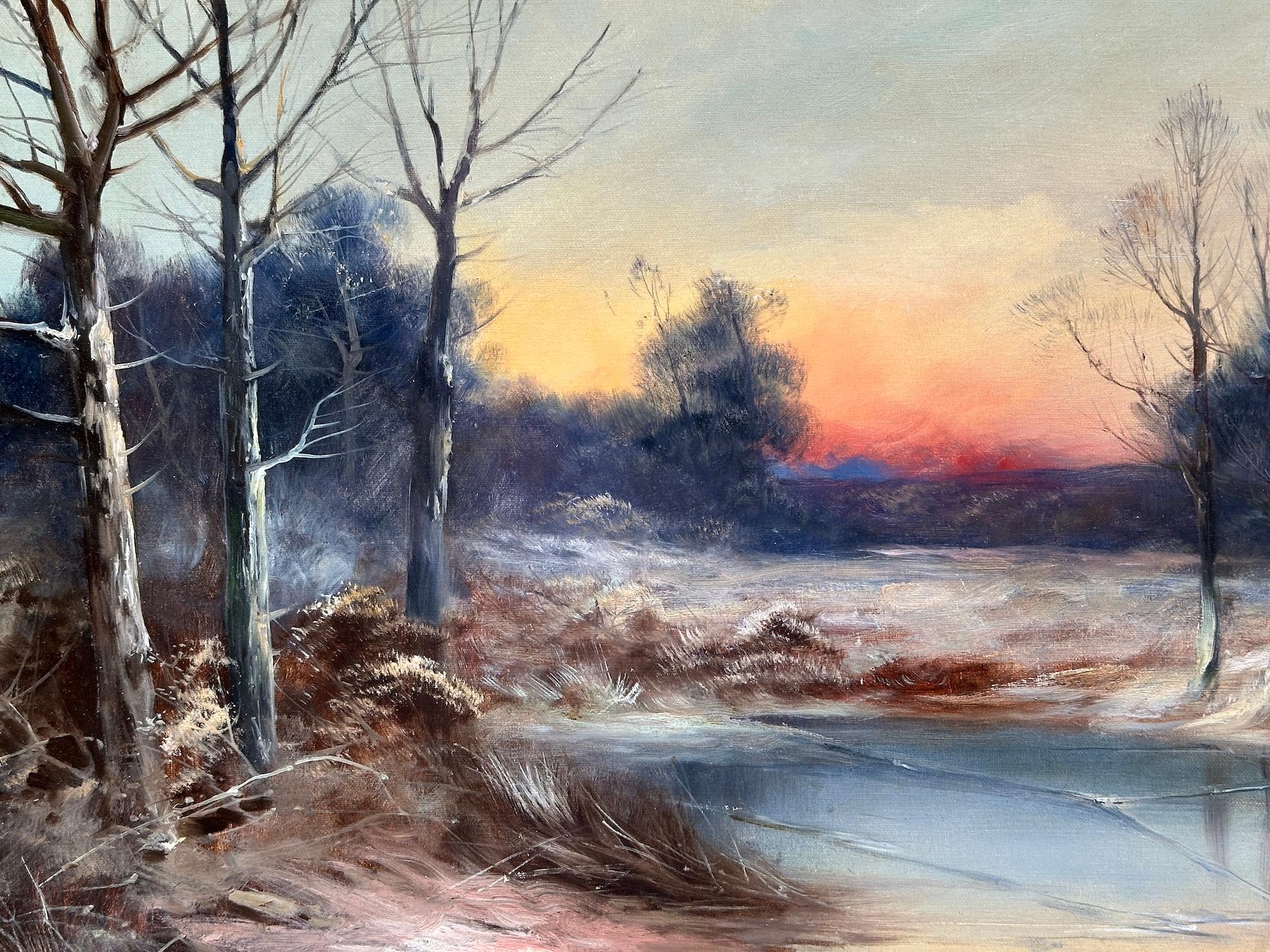 19th century English Winter landscape with show and setting Sun - Painting by F.Walters