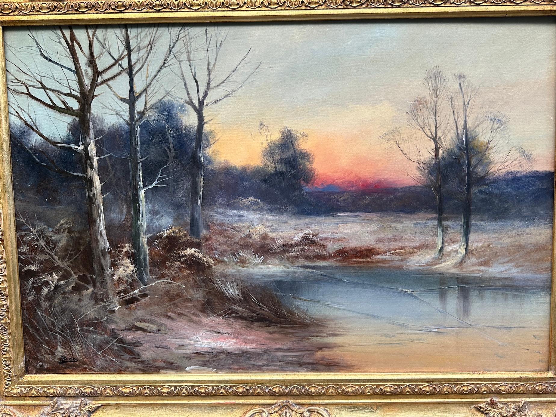 19th century English Winter landscape with show and setting Sun - Brown Landscape Painting by F.Walters