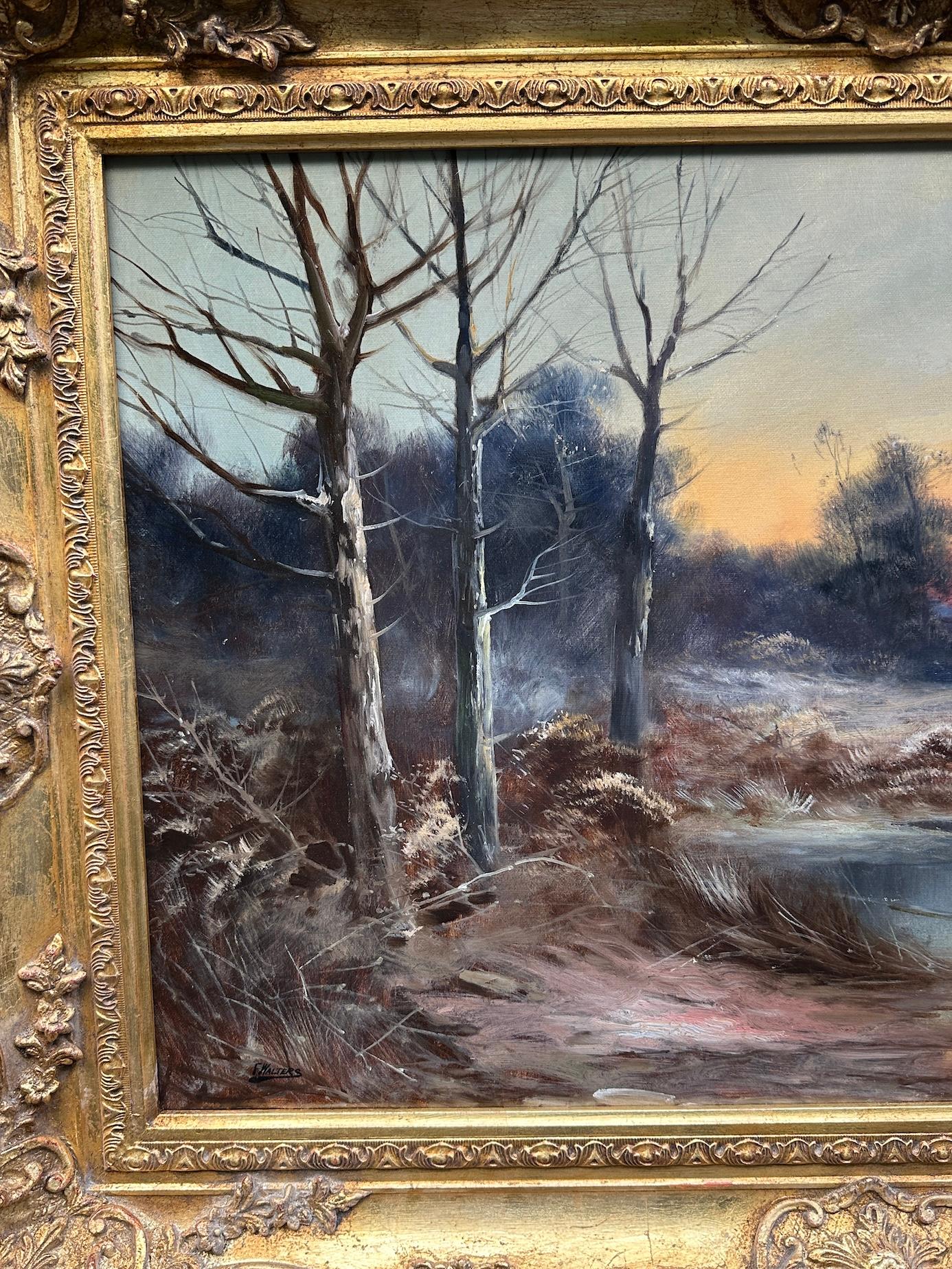 F. Walters (English, 19th Century)
An English Winter Landscape at Dusk
Oils on canvas, signed lower left. Circa 1890.
Presented in a hand-carved English swept frame.

This evocative winter scene by F. Walters captures the serene hush of an English