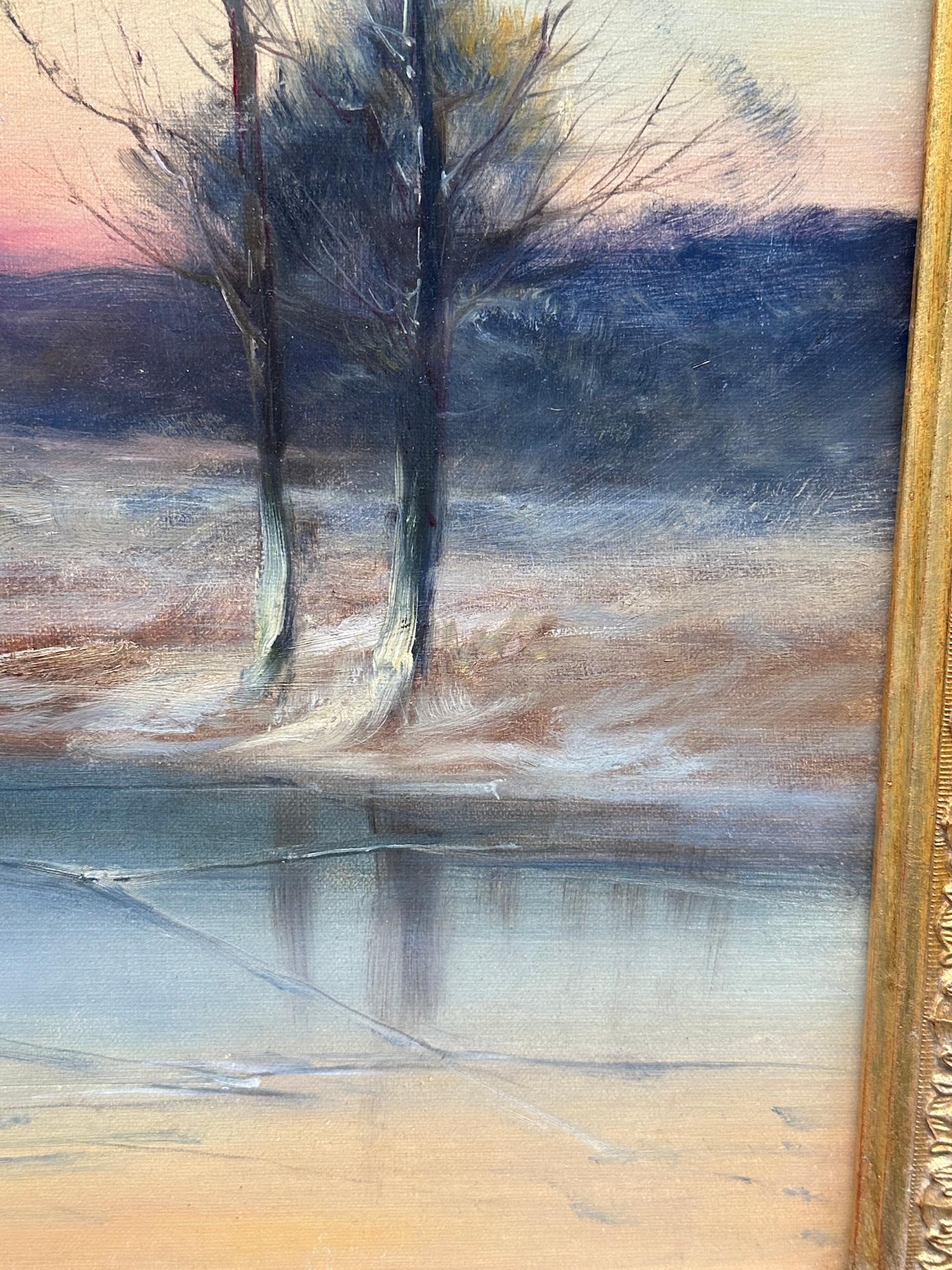 19th century English Winter landscape with show and setting Sun For Sale 3
