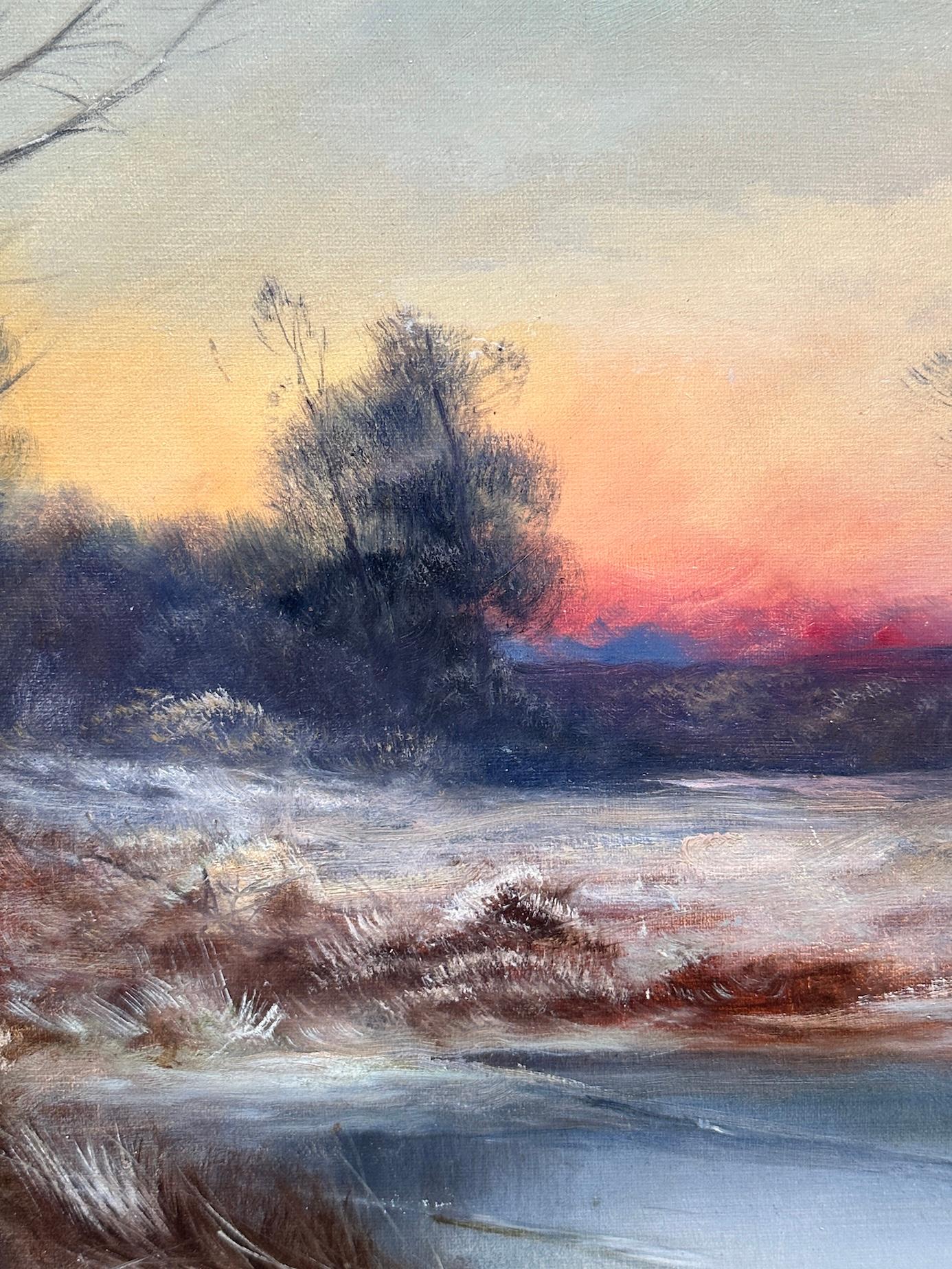 19th century English Winter landscape with show and setting Sun For Sale 4