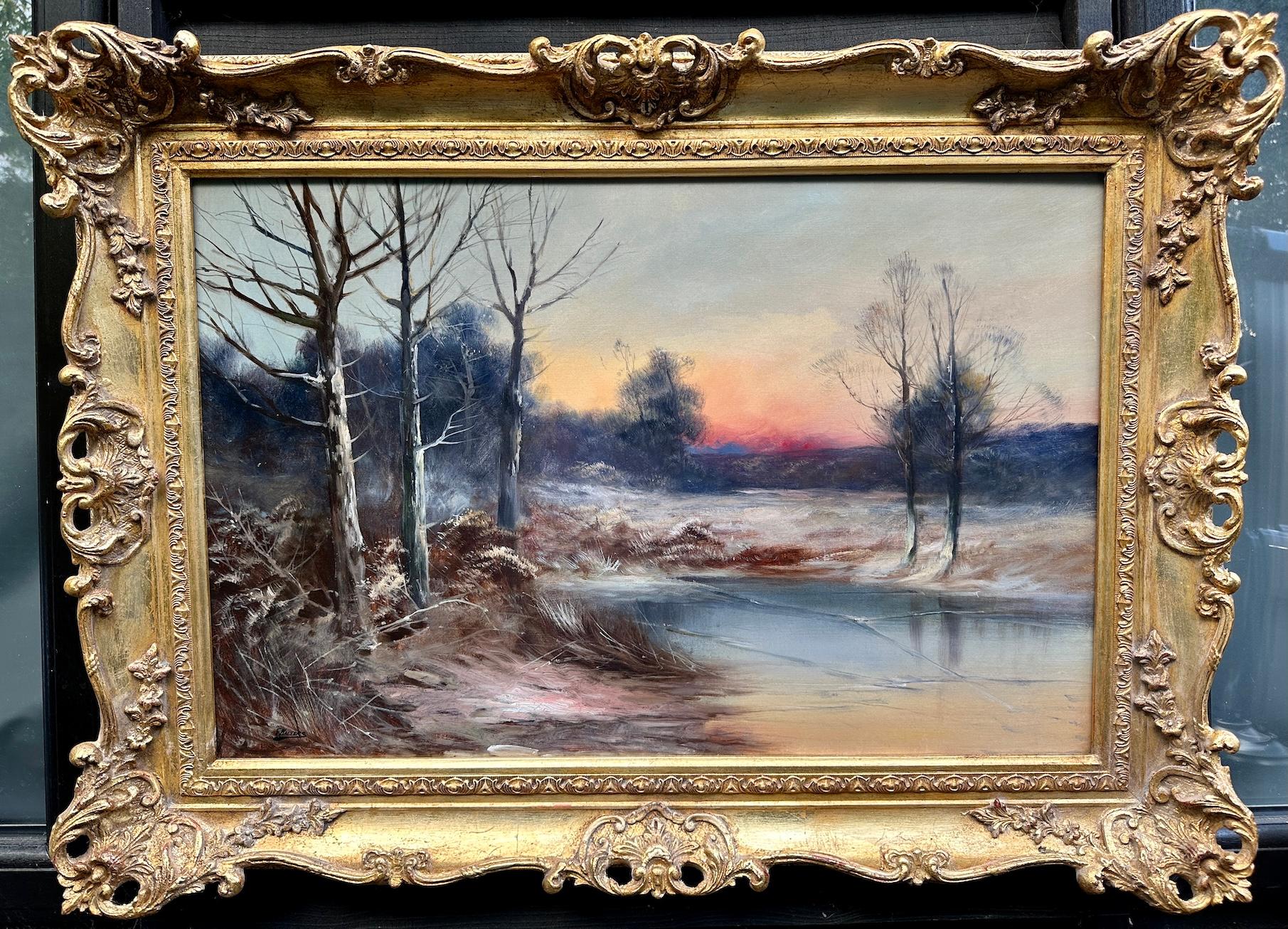 F.Walters Landscape Painting - 19th century English Winter landscape with show and setting Sun