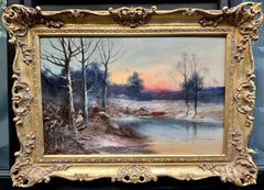 19th century English Winter landscape with show and setting Sun