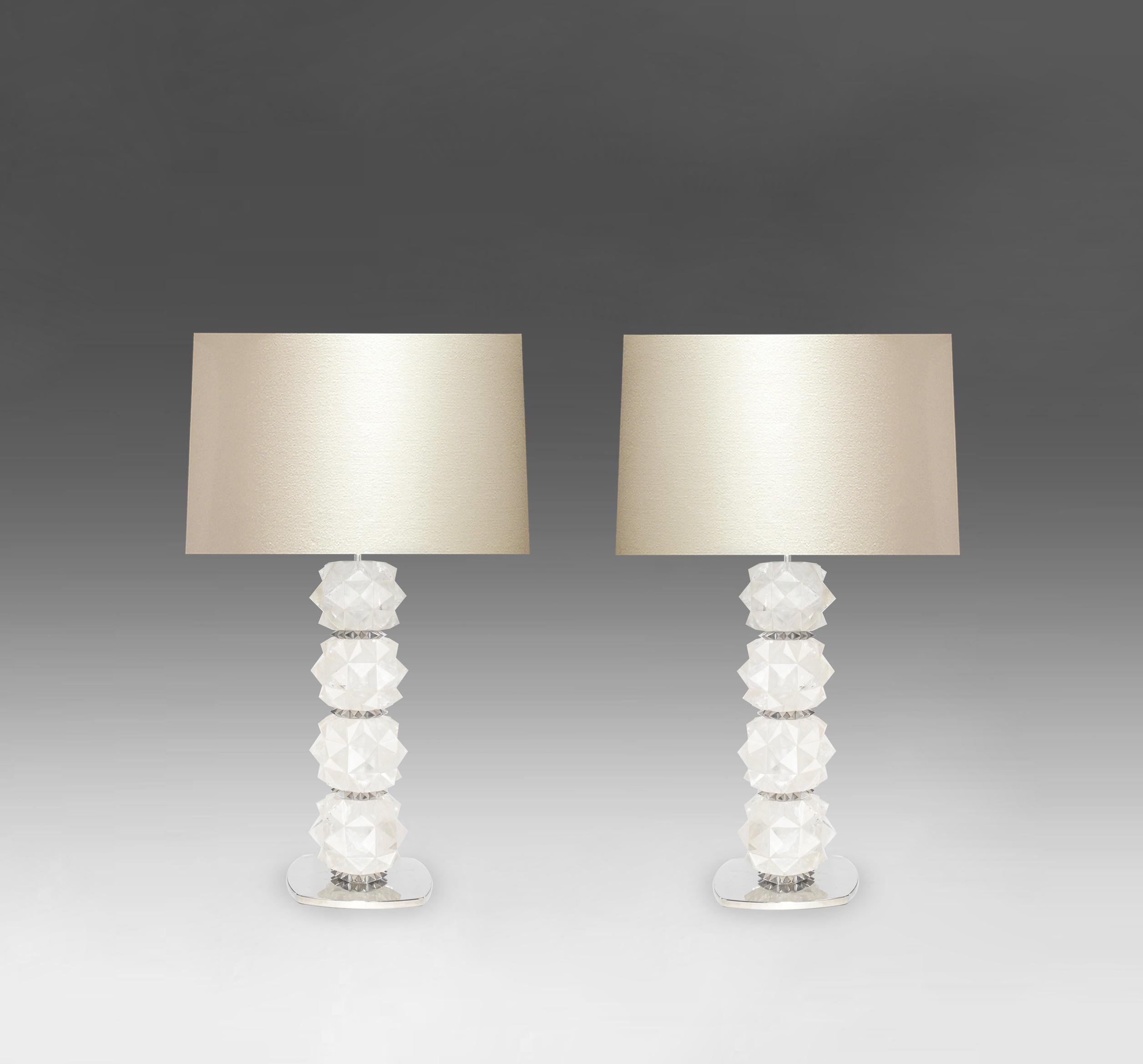 Pair of fine carved faceted rock crystal lamps with nickel plating decoration. Create by Phoenix Gallery, NYC. 
To the top of rock crystal: 16.5