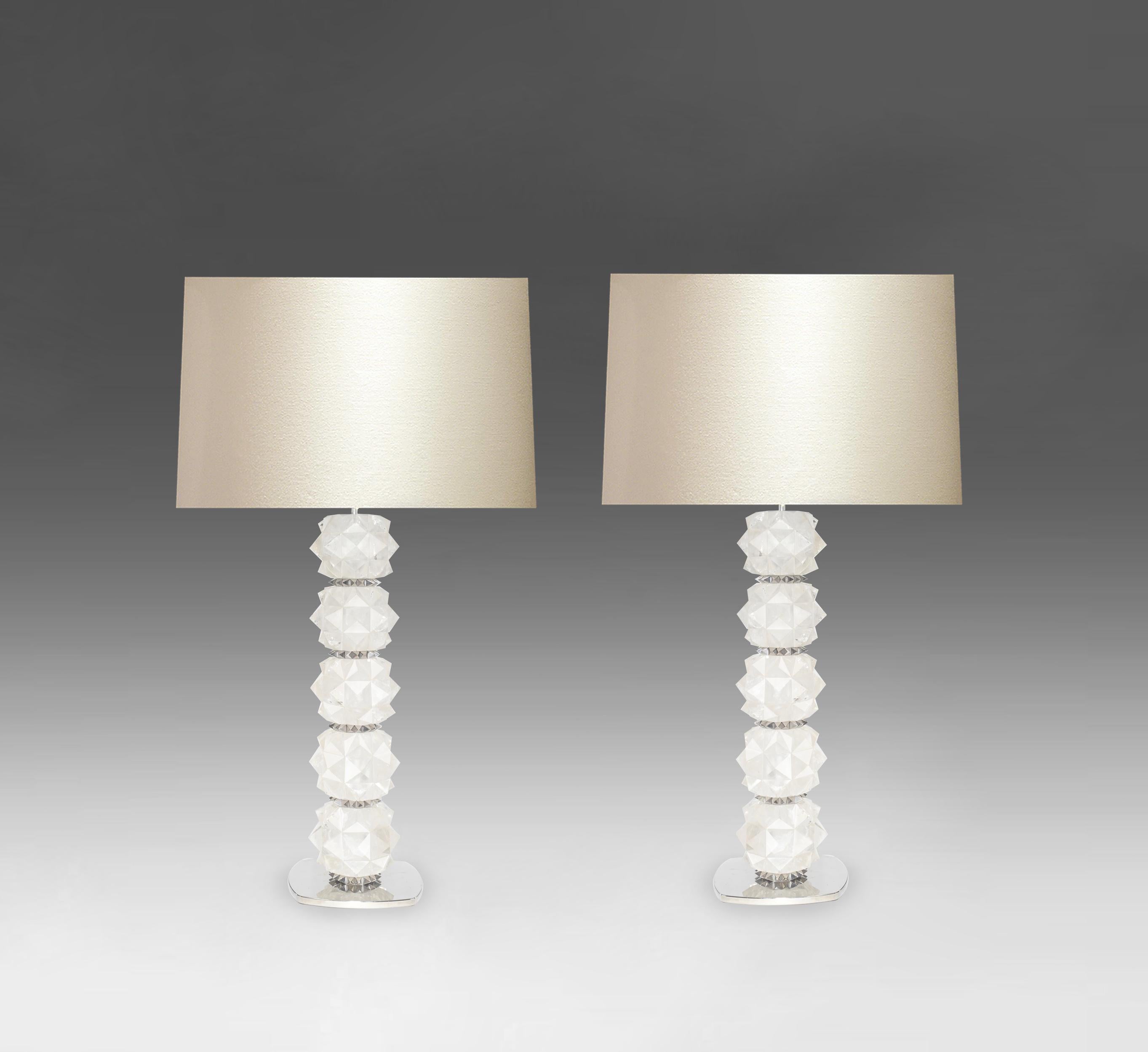 Pair of fine carved faceted rock crystal lamps with nickel plating decoration. Create by Phoenix Gallery, NYC. 
To the top of rock crystal: 20.5