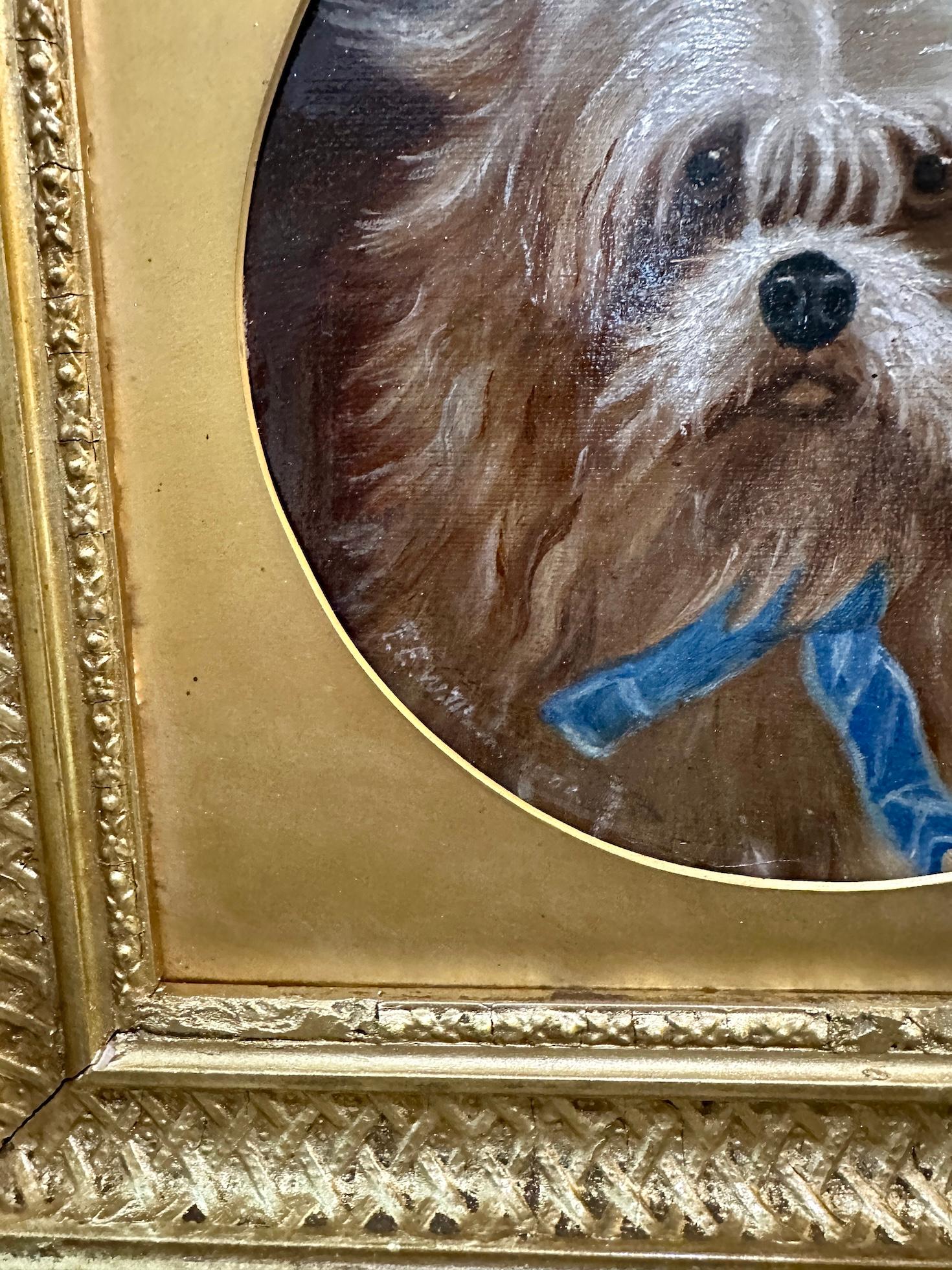 19th century English portrait of a dogs head, a terrier, or Bichon - Painting by F.W.Williams