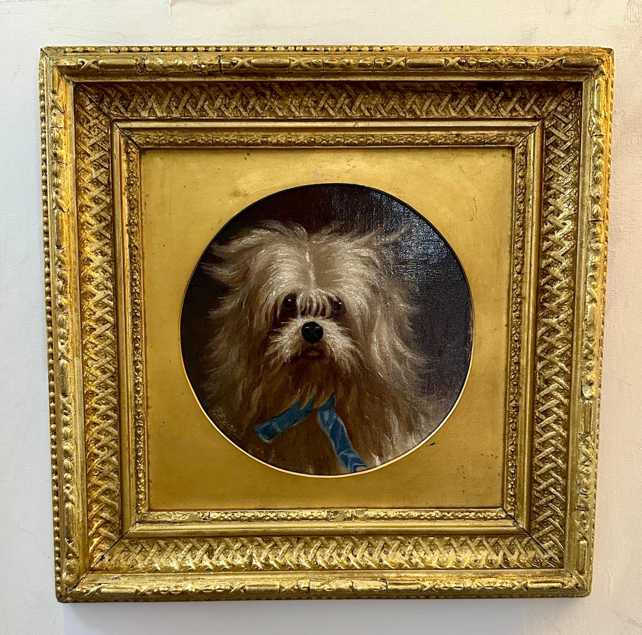 F.W.Williams Animal Painting - 19th century English portrait of a dogs head, a terrier, or Bichon