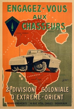 Affiche vintage d'origine française représentant des troupes coloniales françaises en service de guerre, Recrutement, Cambodge, Vietnam