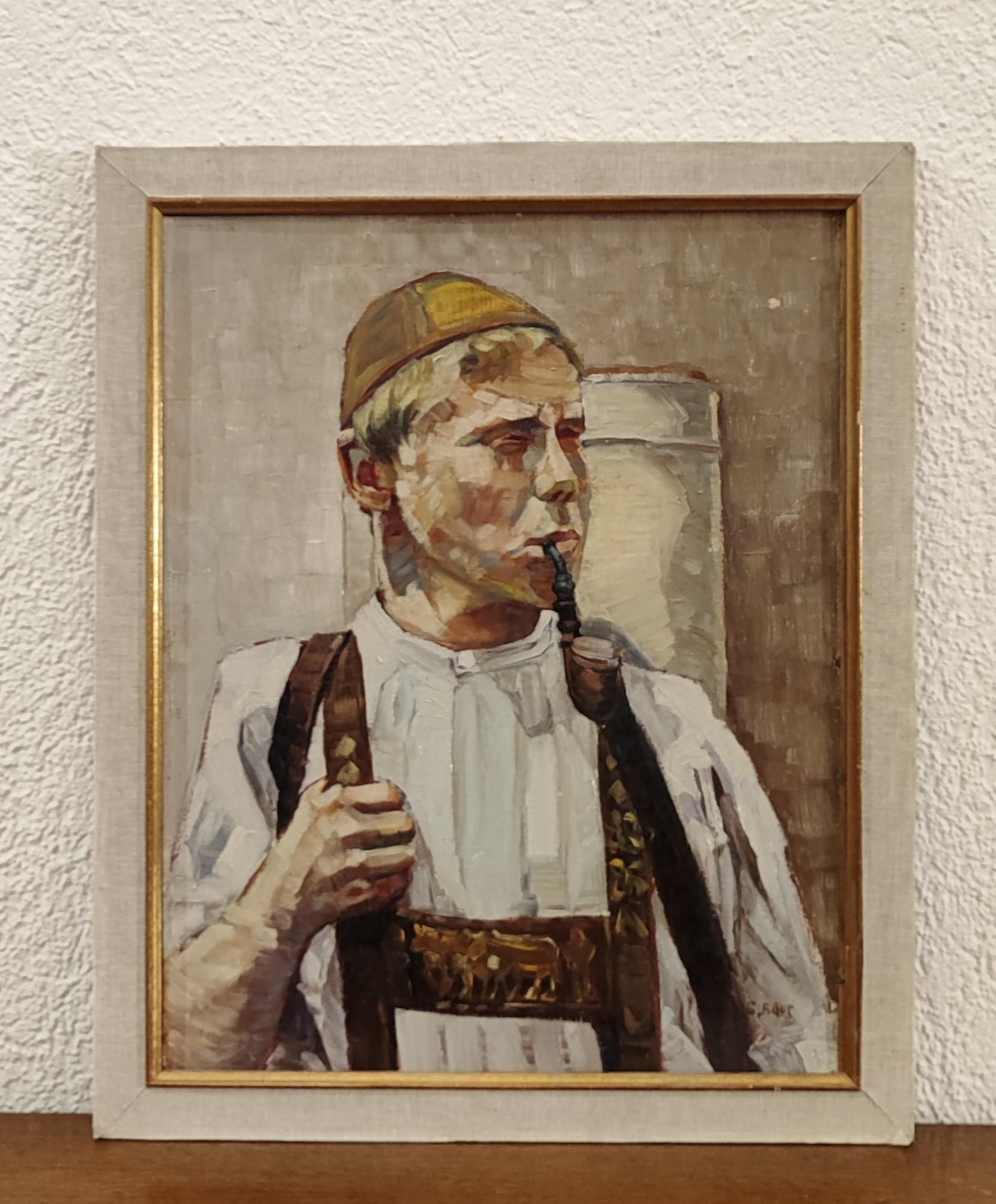 Alpine Shepherd and his pipe - Painting by  G. Baur