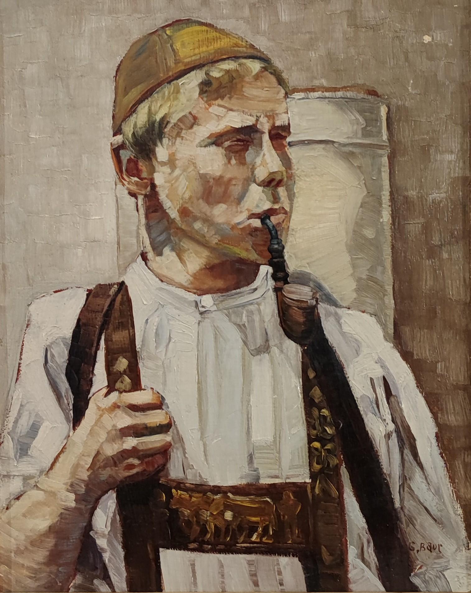  G. Baur Figurative Painting - Alpine Shepherd and his pipe