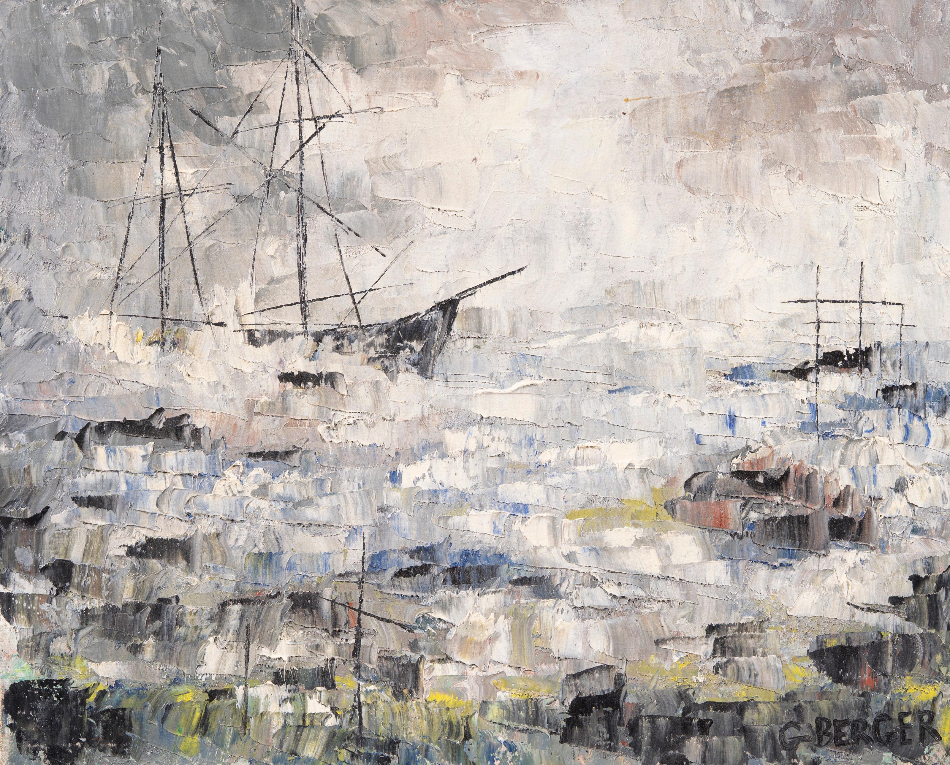 Modernist Seascape with Sailing Ships, Textured Impasto Marine Scene