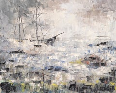 Modernist Seascape with Sailing Ships, Textured Impasto Marine Scene