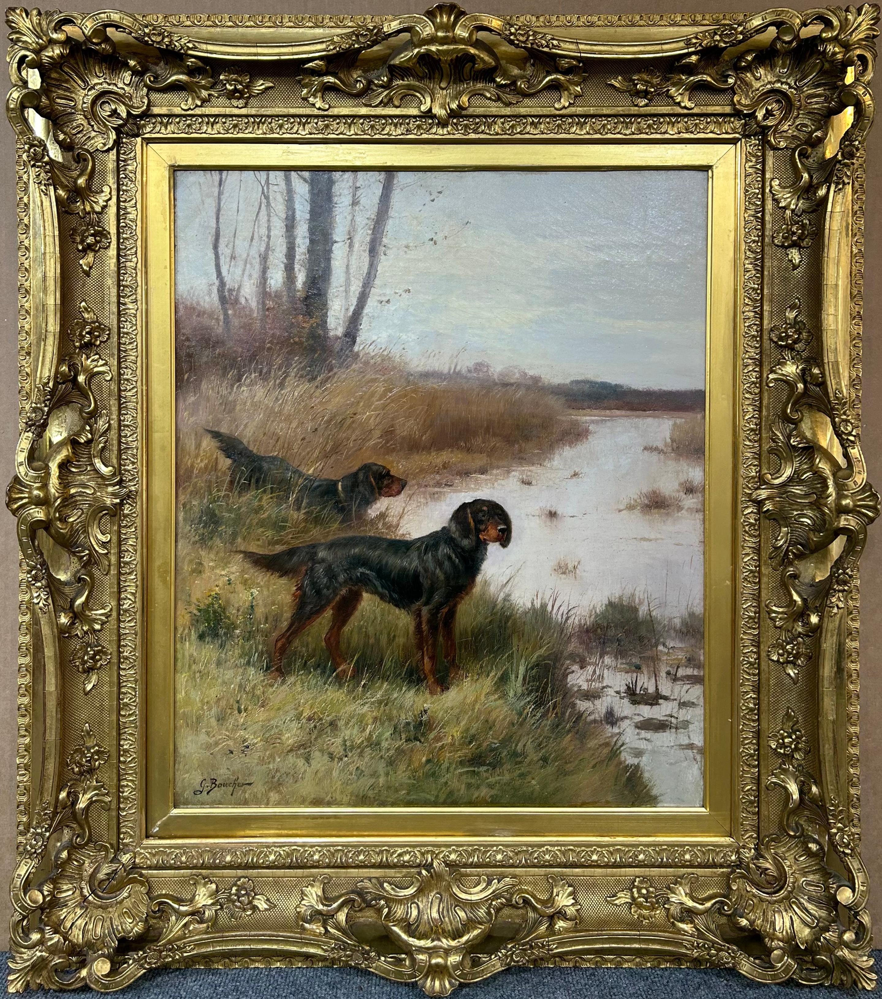 Hunting Dogs, Landscape by 19th Century French painter, period frame - Painting by G Boucher