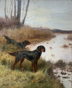 Antique Hunting Dogs, Landscape by 19th Century French painter, period frame