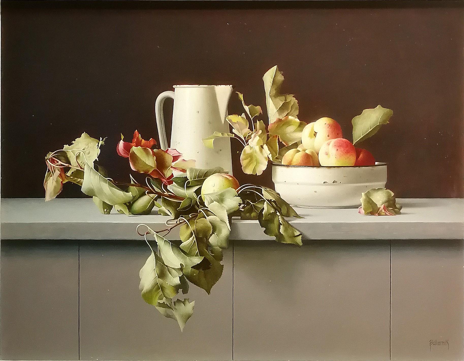Obst aus dem Garten, Gyula Bubarnik, Ölfarbe/Paneel, Fotorealistisch – Painting von G. Bubarnik
