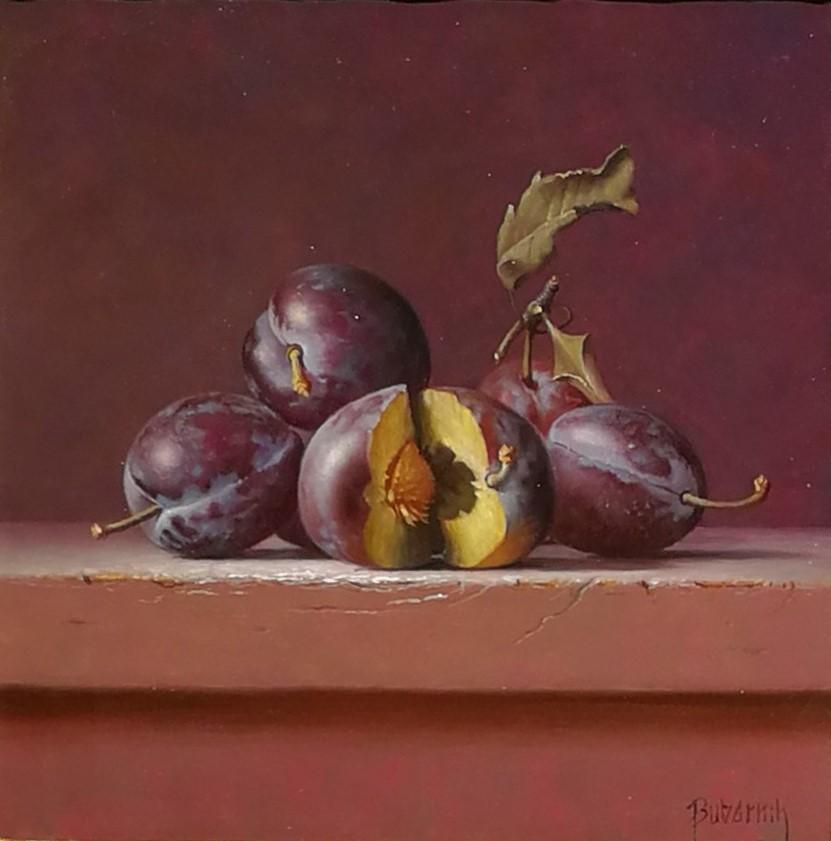 Prunes, Gyula Bubarnik, Oil Paint/panel, Photorealist - Painting by G. Bubarnik