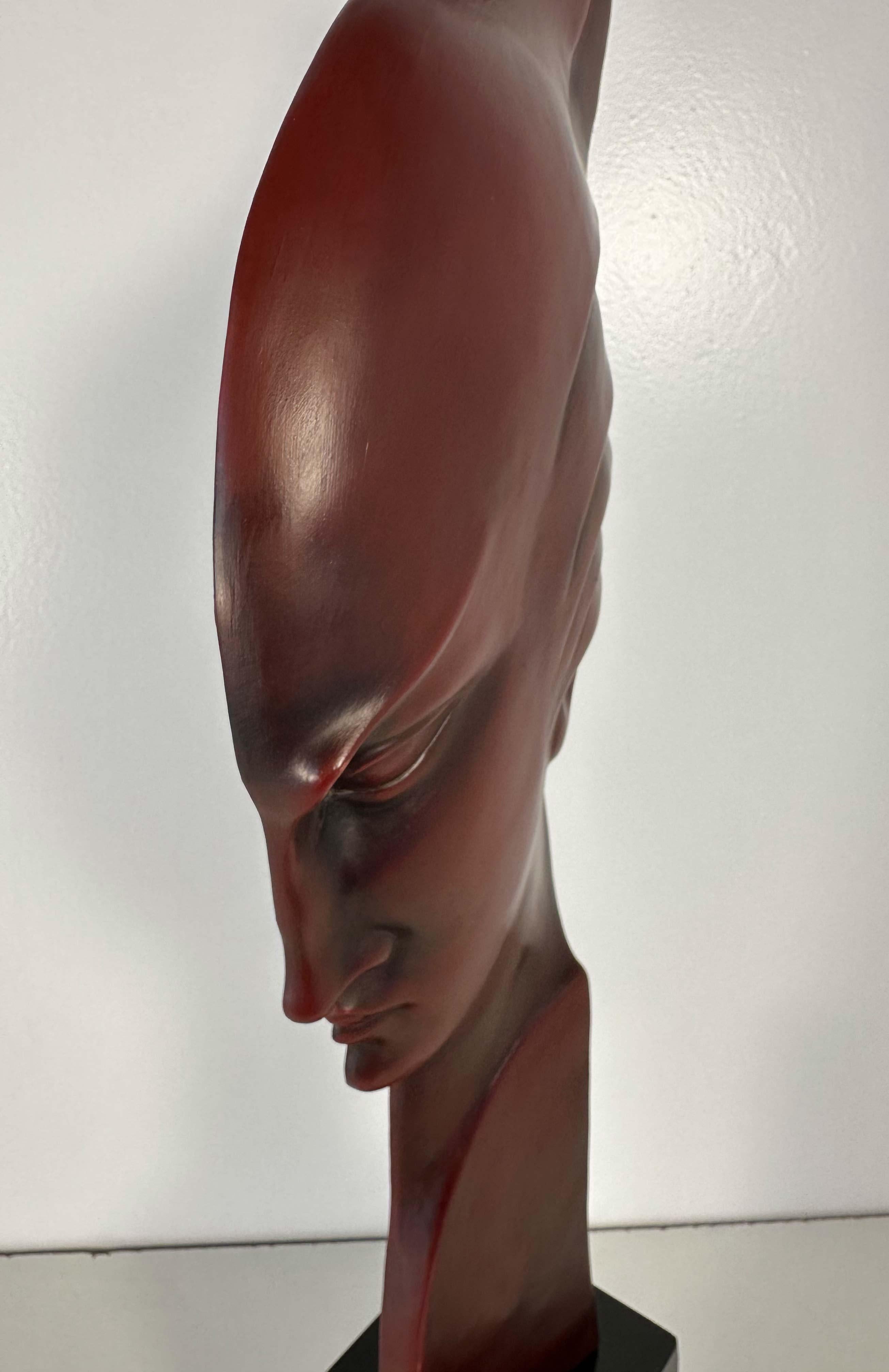 G. Cacciapuoti Art Deco Red Porcelain Stoneware and Wood Woman Profile, 1930s For Sale 3