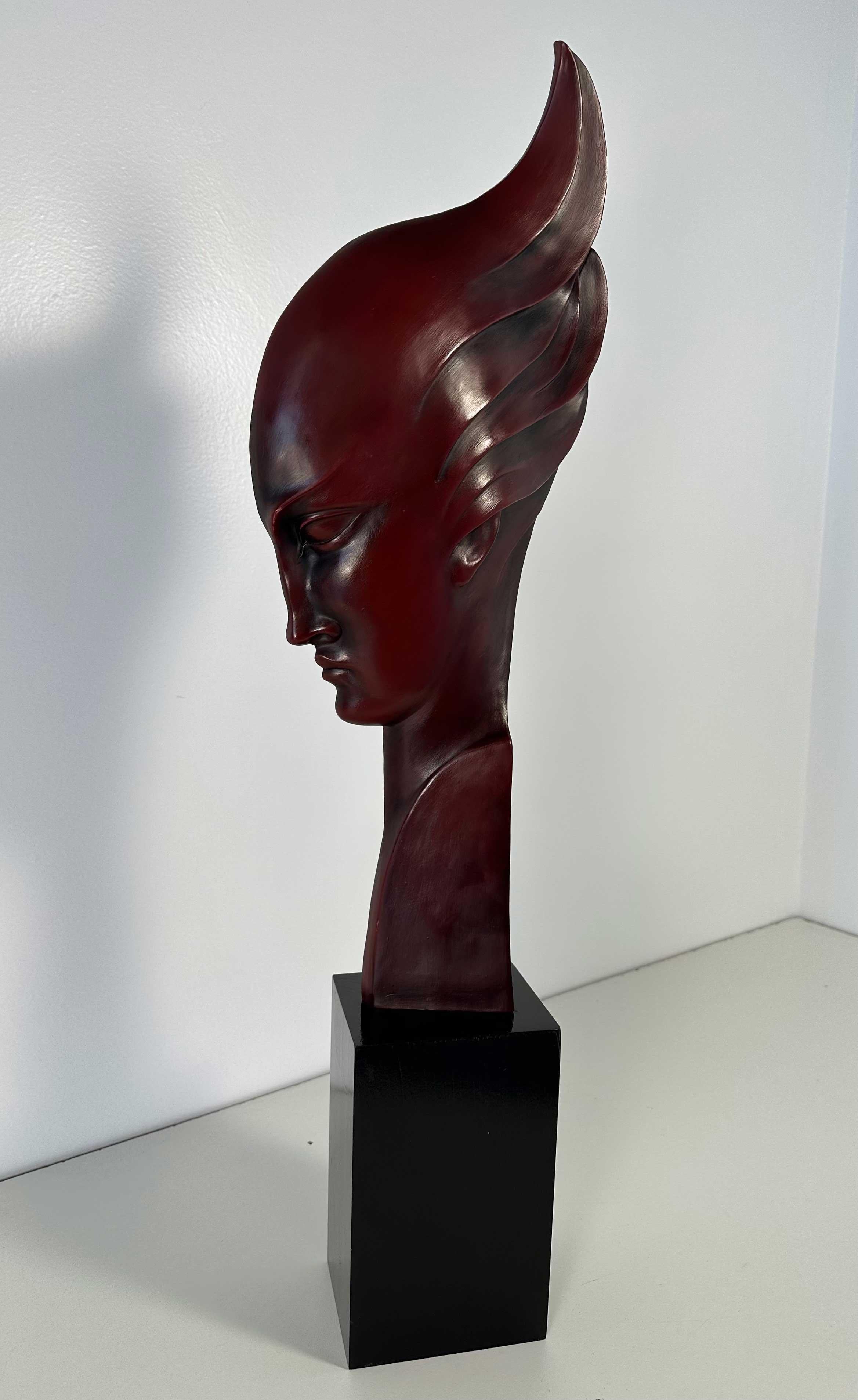 Italian G. Cacciapuoti Art Deco Red Porcelain Stoneware and Wood Woman Profile, 1930s For Sale