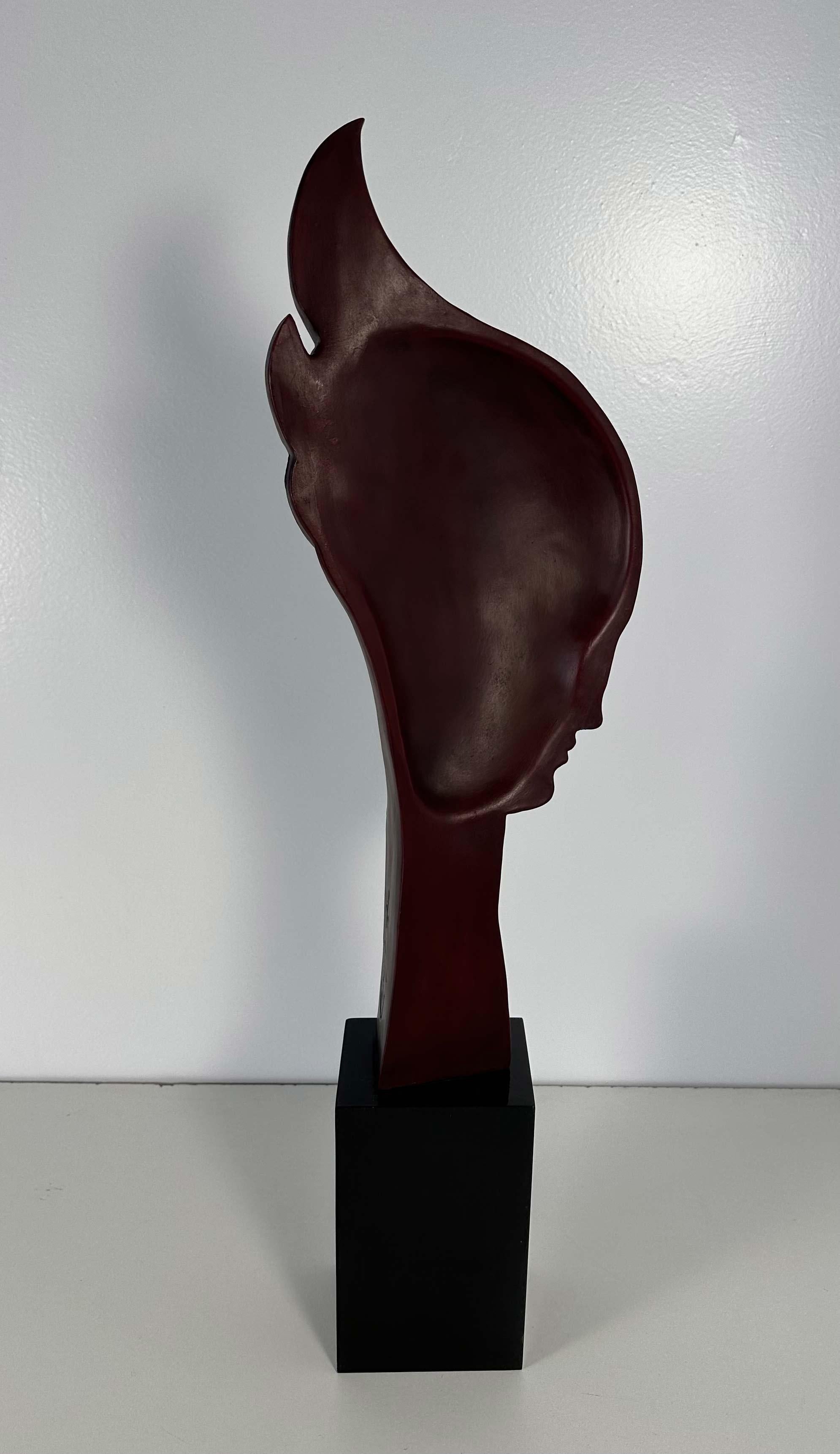 G. Cacciapuoti Art Deco Red Porcelain Stoneware and Wood Woman Profile, 1930s For Sale 1