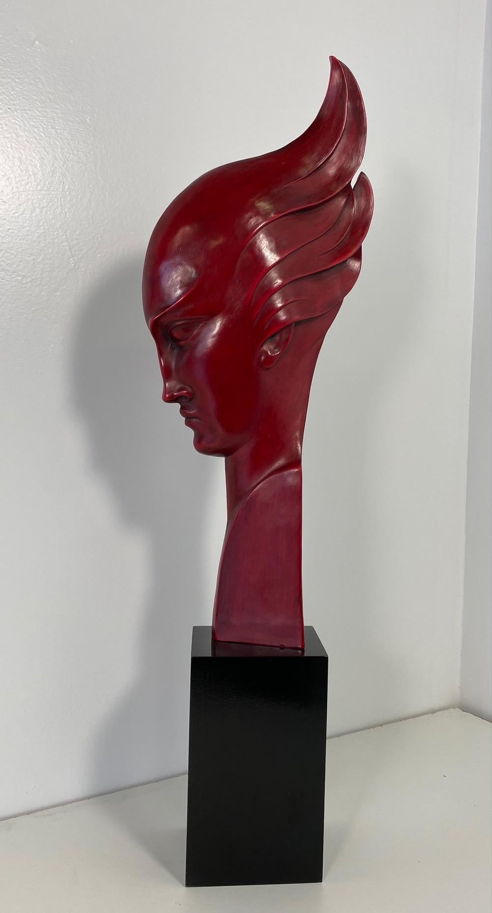 Italian G. Cacciapuoti Art Deco Red Porcelain Stoneware and Wood Woman Profile, 1930s