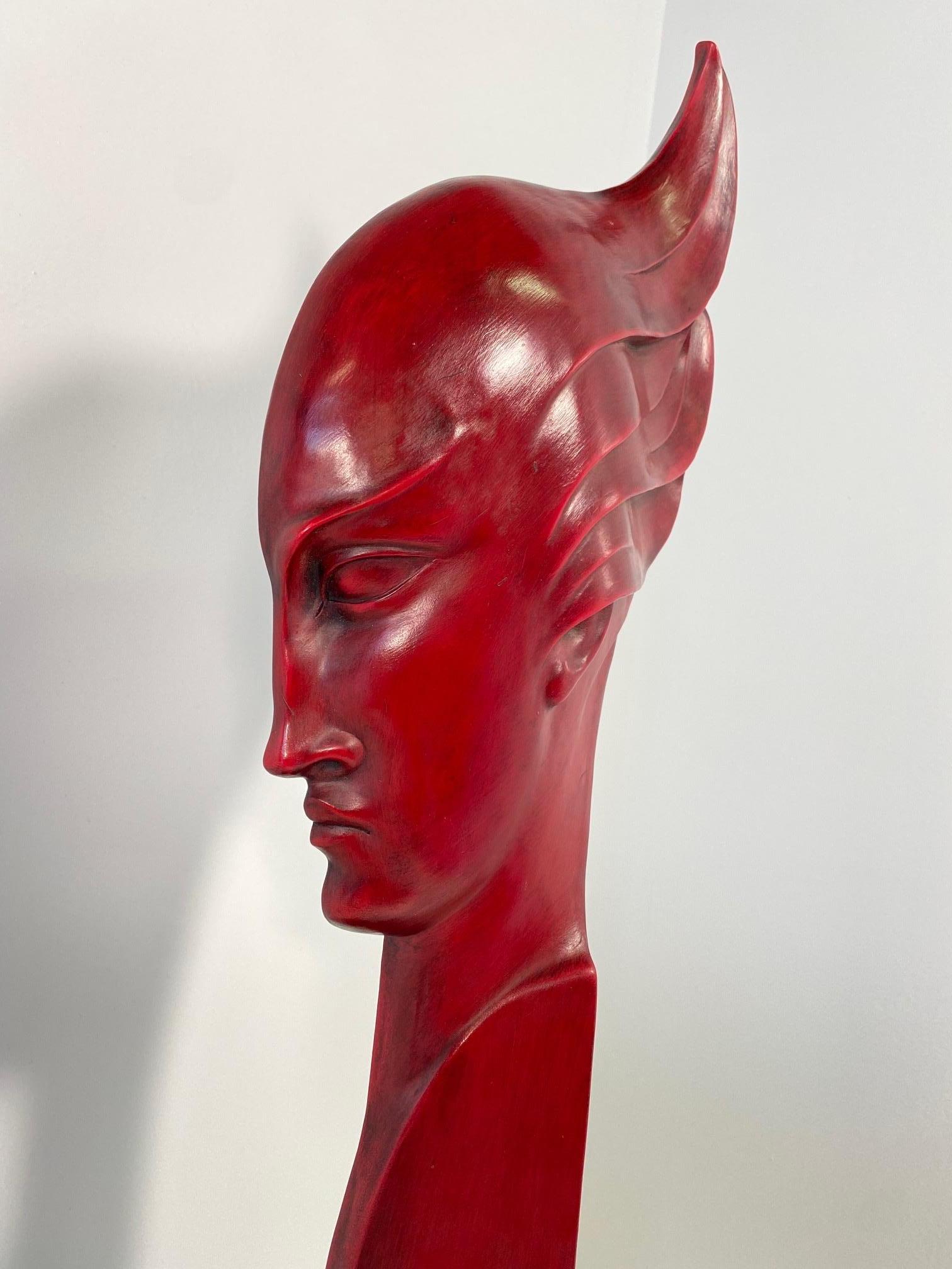 G. Cacciapuoti Art Deco Red Porcelain Stoneware and Wood Woman Profile, 1930s In Good Condition In Meda, MB