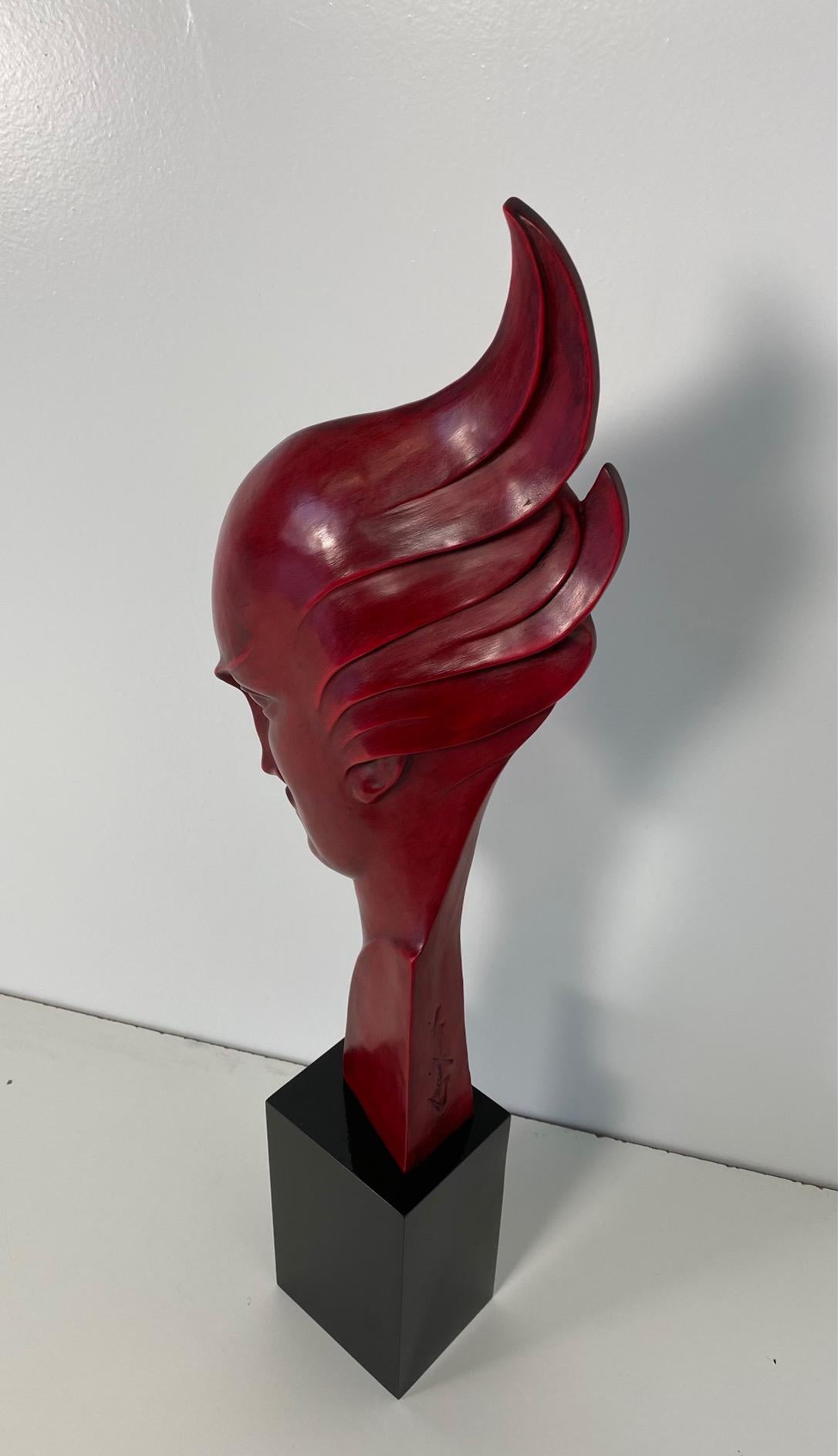 Mid-20th Century G. Cacciapuoti Art Deco Red Porcelain Stoneware and Wood Woman Profile, 1930s