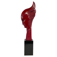 G. Cacciapuoti Art Deco Red Porcelain Stoneware and Wood Woman Profile, 1930s