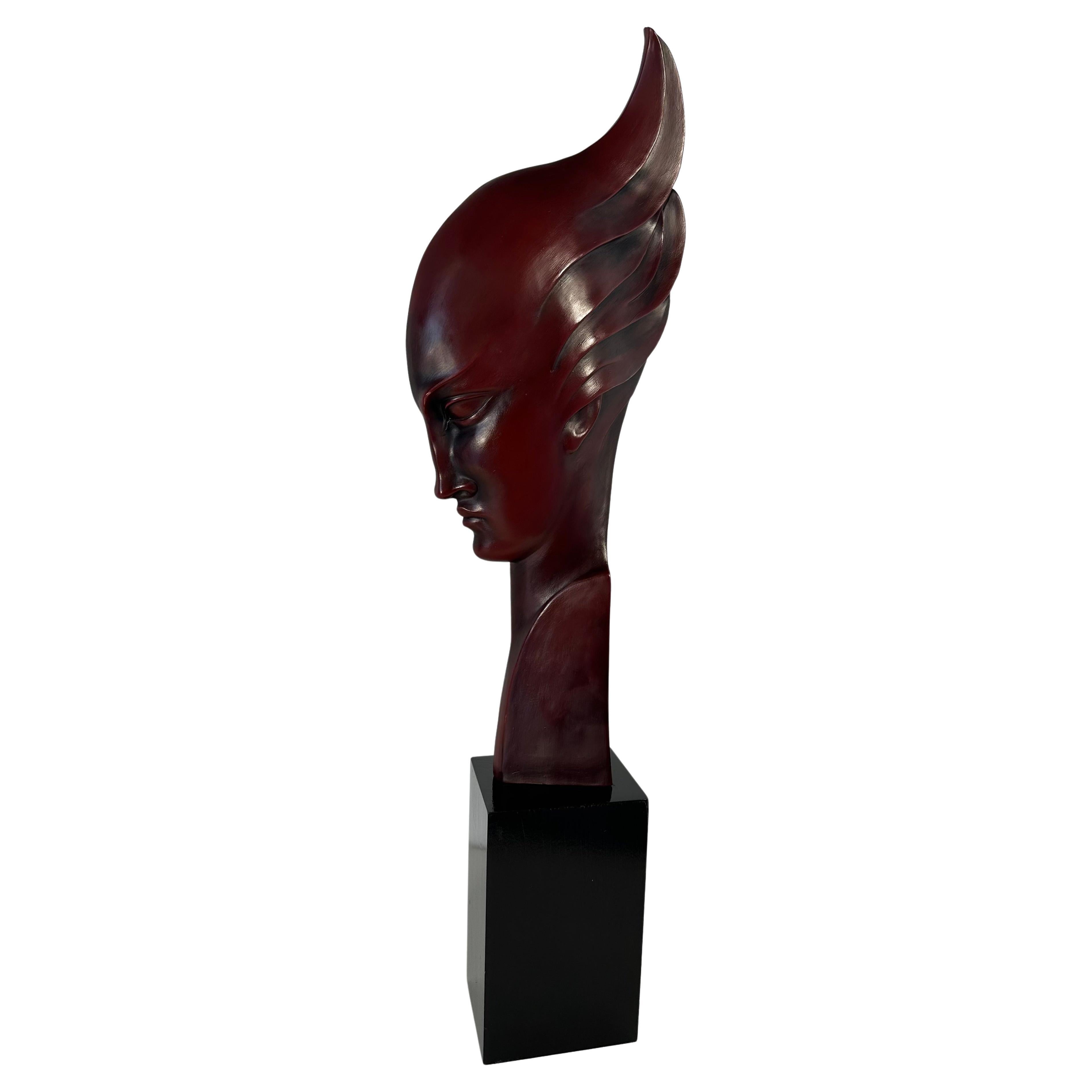 G. Cacciapuoti Art Deco Red Porcelain Stoneware and Wood Woman Profile, 1930s For Sale