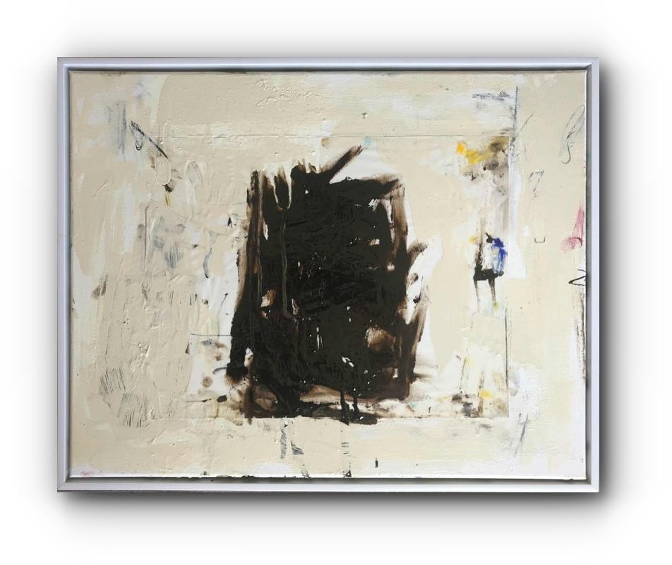 An extremely complex painting consisting of paper mounted on canvas, employing an array of materials including tar. Here is the Artist's Statement:

"I began this painting with the basic form created by the tar in the middle. I was not looking for a