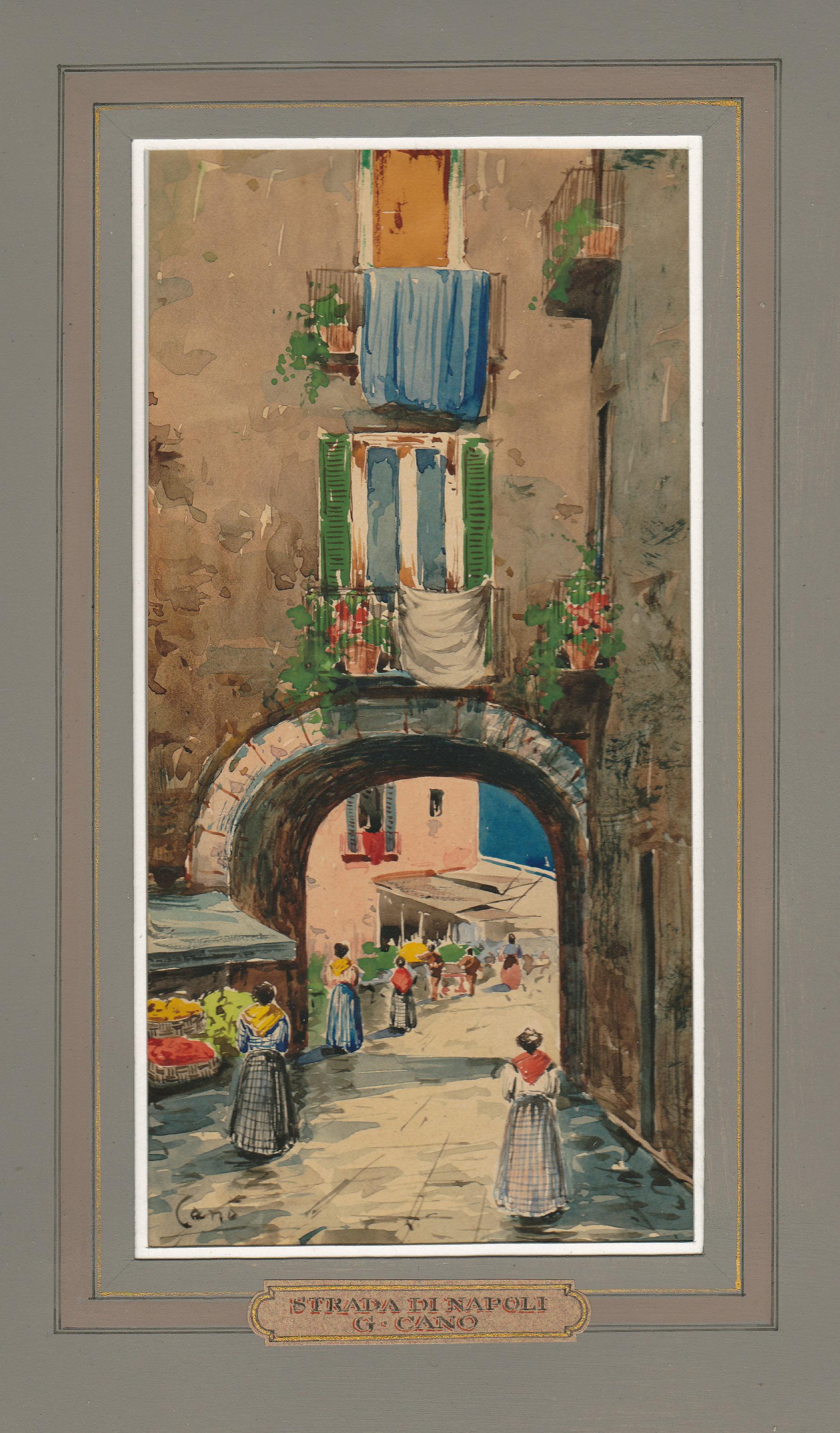 Romantique G. Cano, scène de rue italienne du 19e-20e siècle, aquarelle de Naples en vente