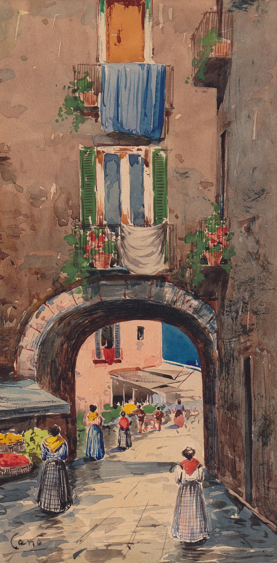 Peint G. Cano, scène de rue italienne du 19e-20e siècle, aquarelle de Naples en vente