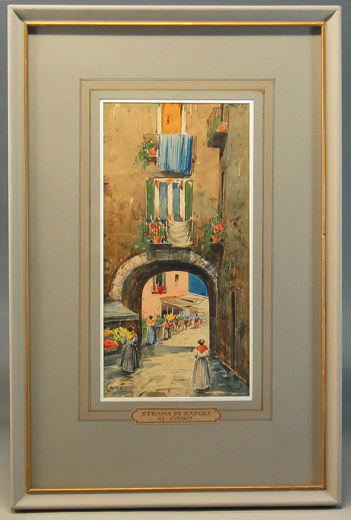 Romantic G. Cano 'Italian 19th-20th Century' Street Scene in Naples Watercolor For Sale